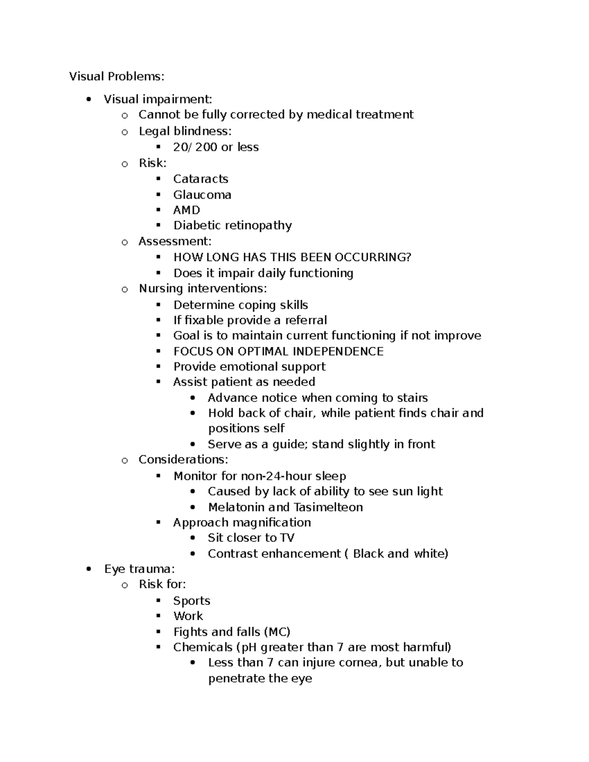 Visual Problems - Notes on eyes - Visual Problems: Visual impairment: o ...