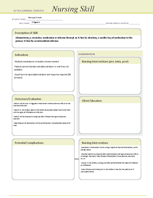 IV piggyback medication concept map - Procedure or device: IV piggyback  medication Definition: A - Studocu