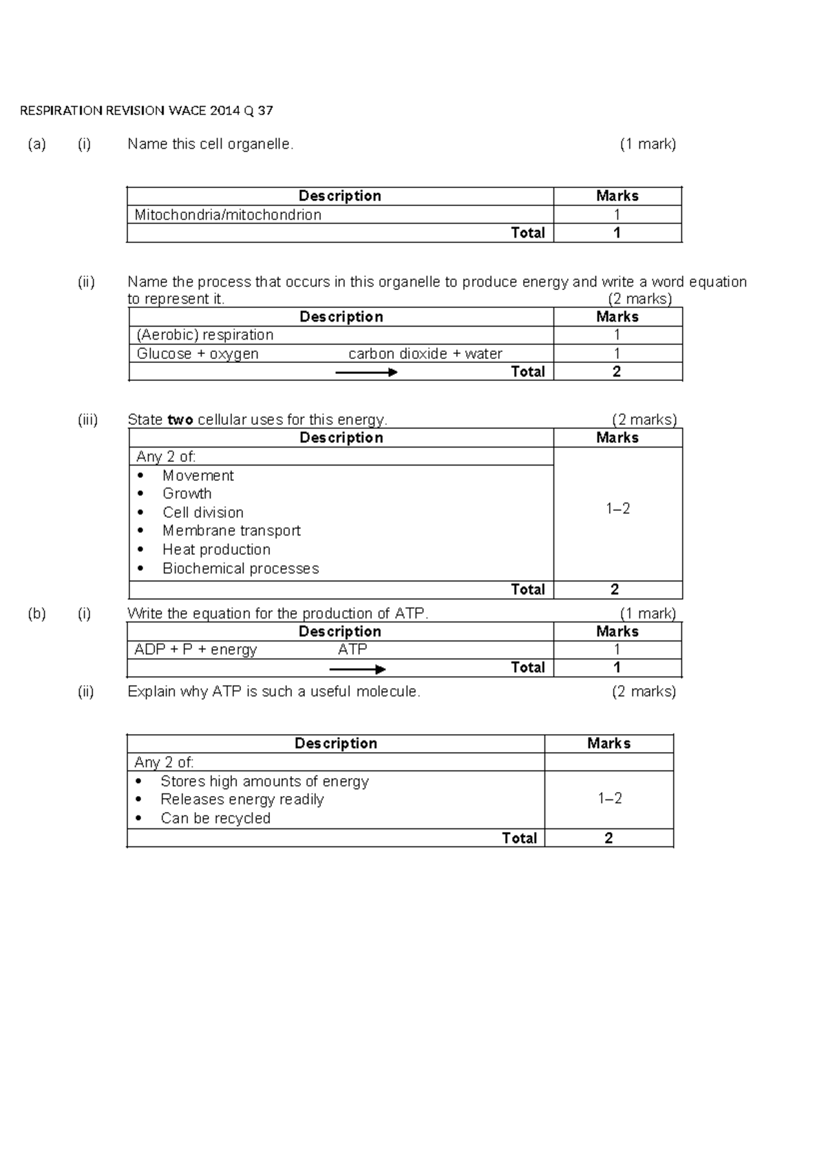 Respiration Revision Marking Key RESPIRATION REVISION WACE 2014 Q 37