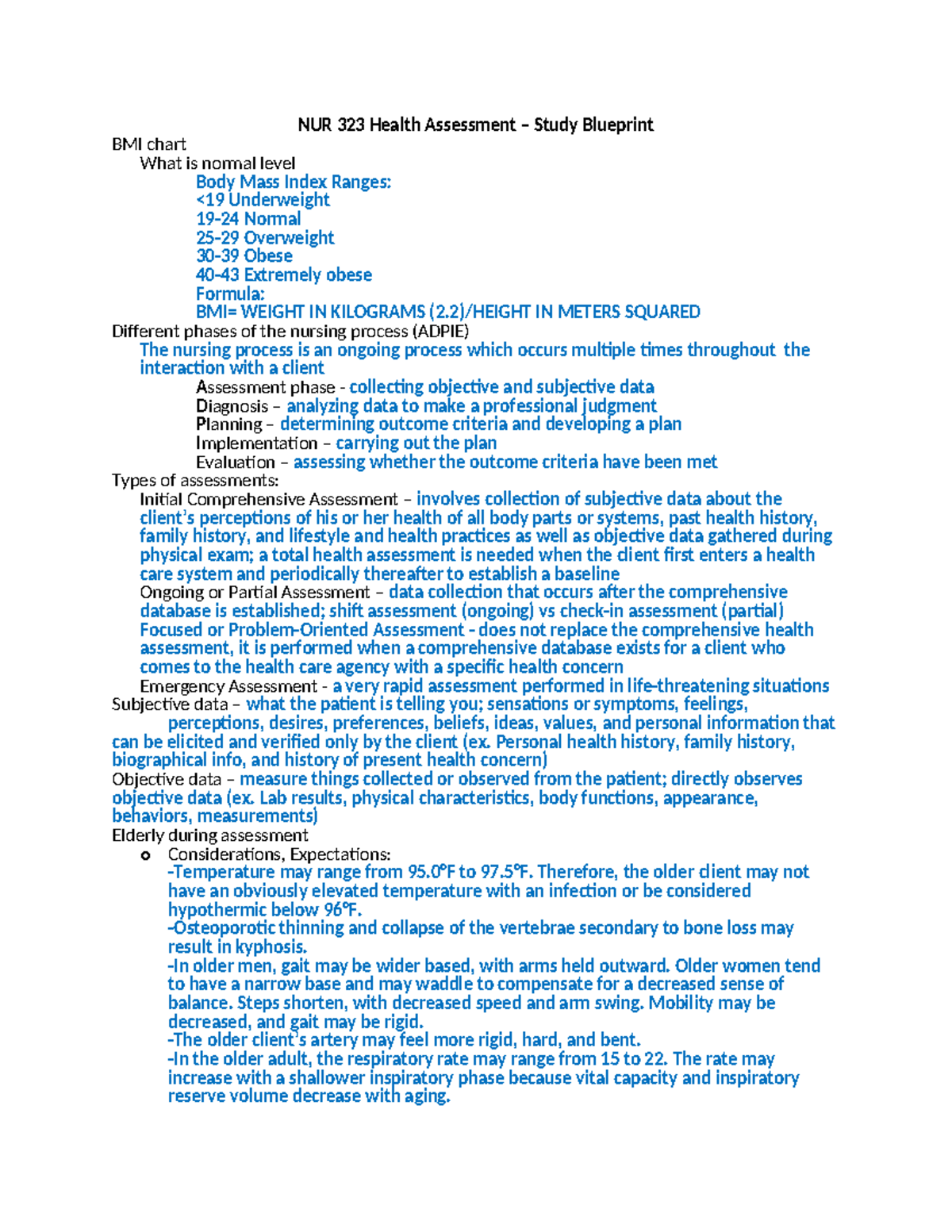 Exam 1 Blueprint Health Assessment - NUR 323 Health Assessment – Study ...