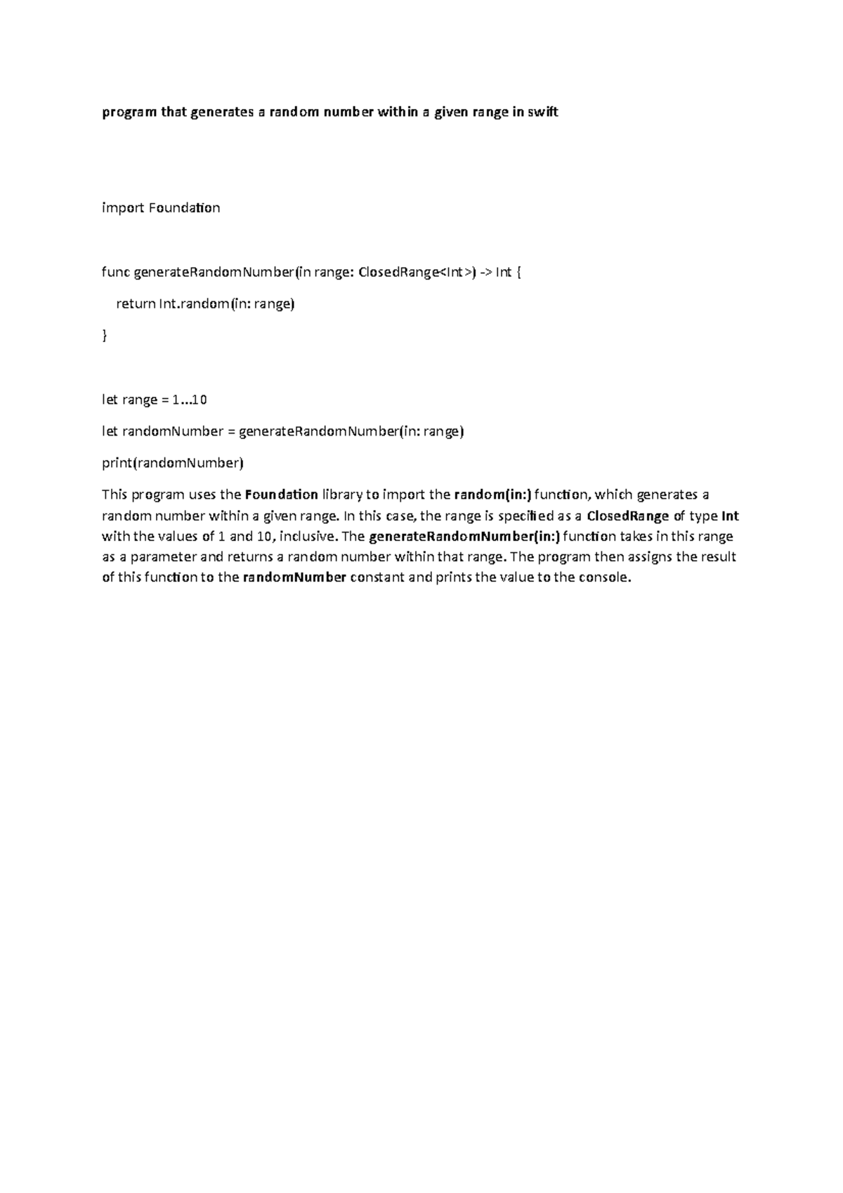 Swift range program that generates a random number within a given