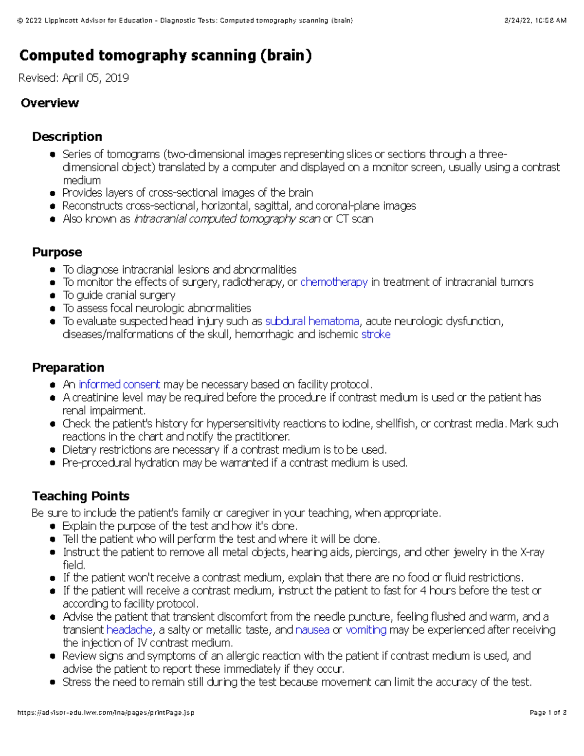 CT brain - CT summary - © 2022 Lippincott Advisor for Education ...