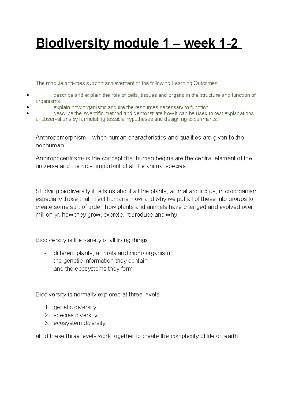 Biodiversity Class Notes And Summary 2019-2020 - Biodiversity Module 1 ...