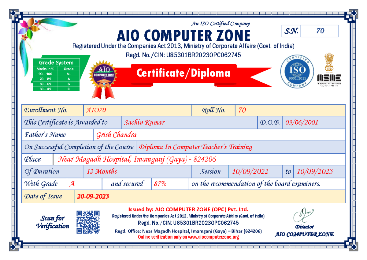 Product 1695209534 aio70DCTT Certificate - Enrollment No. AIO70 Roll No ...