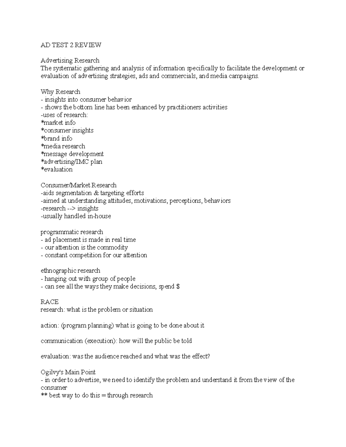 Advertising Test 2 Review - AD TEST 2 REVIEW Advertising Research The ...