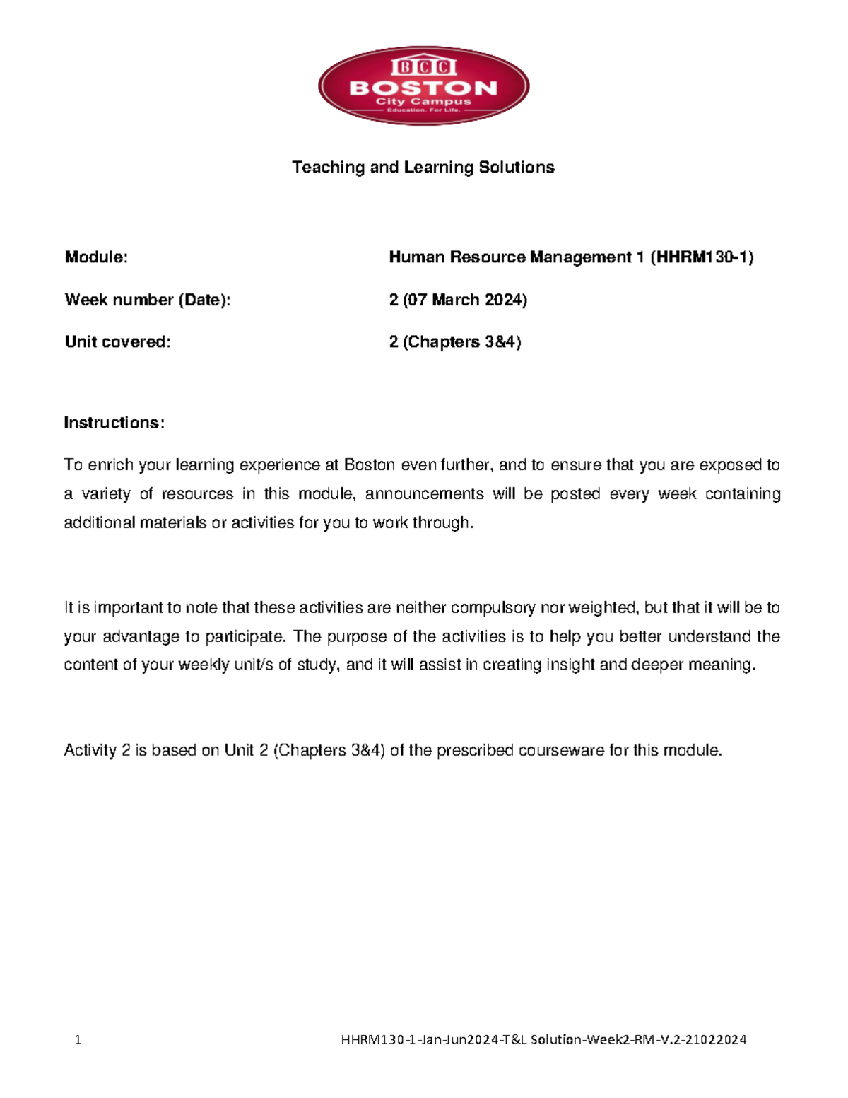 HHRM130 1 Jan Jun2024 TL Solutions Week2 RM V - Module: Human Resource ...