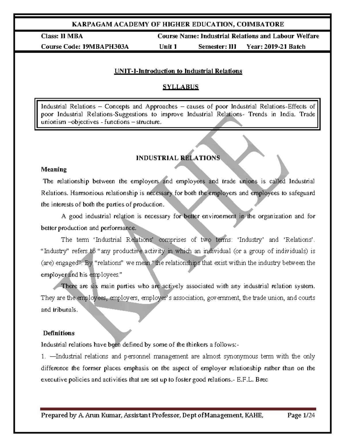 IR Unit1 Class II MBA Course Name Industrial Relations And Labour