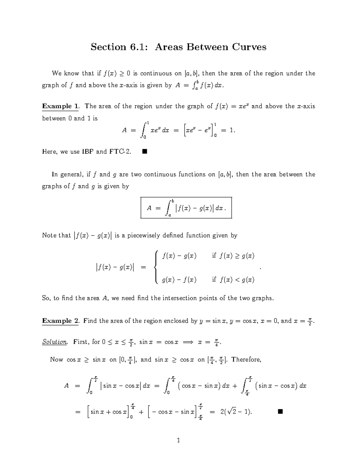 1730-Sec6 - NOTES - Section 6: Areas Between Curves We know that if f ...