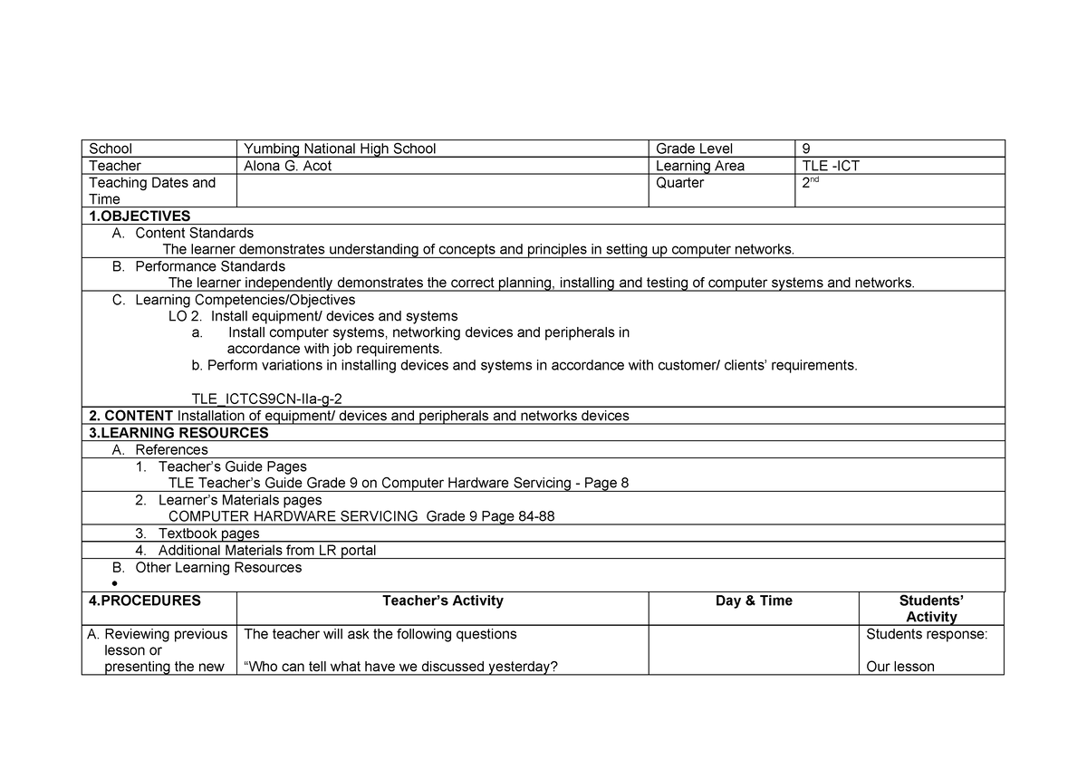 Lesson 2 PC Disassembly Grade 9 ICT - School Yumbing National High ...