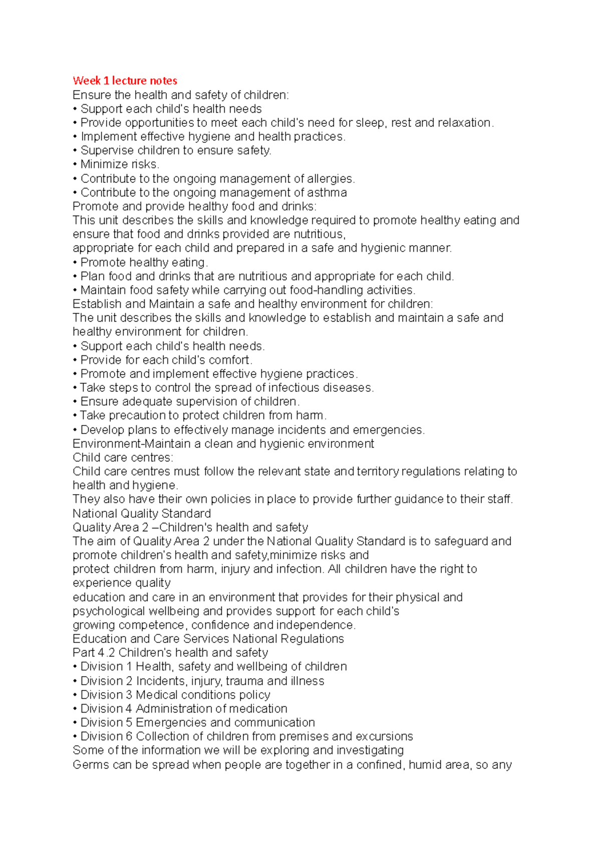 Week 1 lecture notes - Week 1 lecture notes Ensure the health and ...
