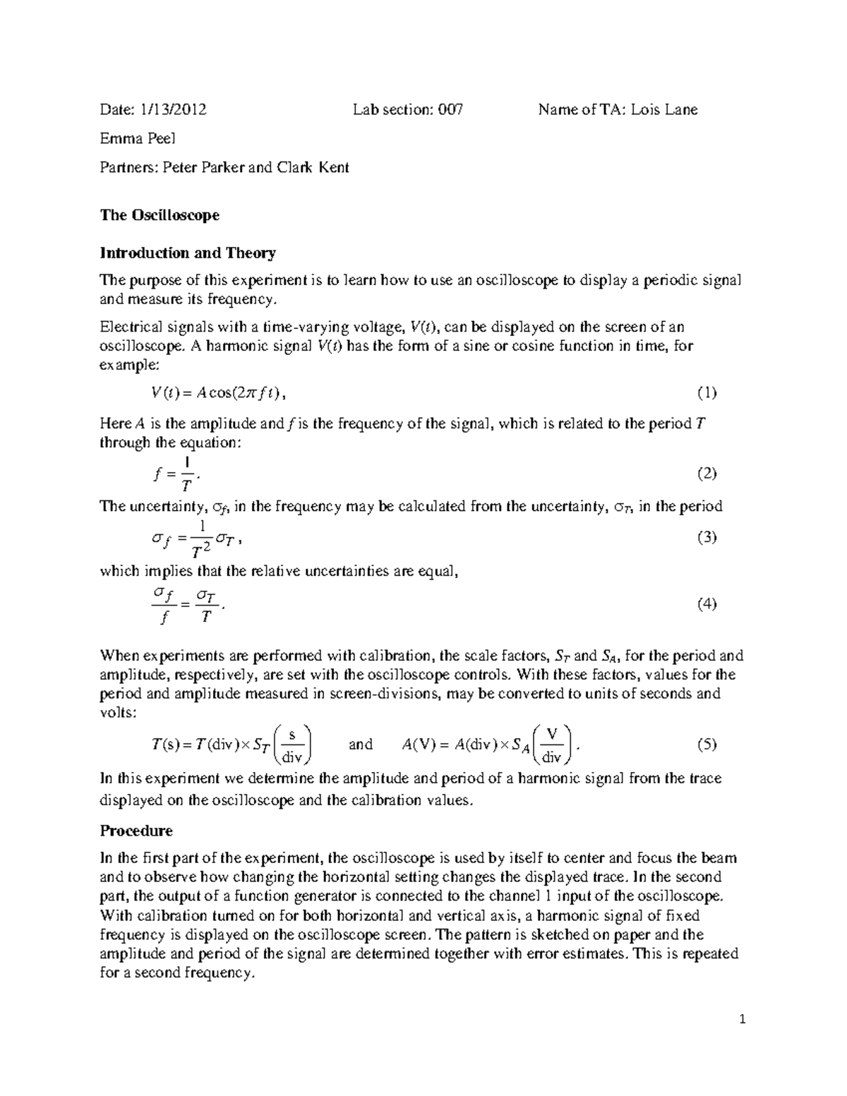 Sample lab report oscillation Date Lab section 007 Name of TA