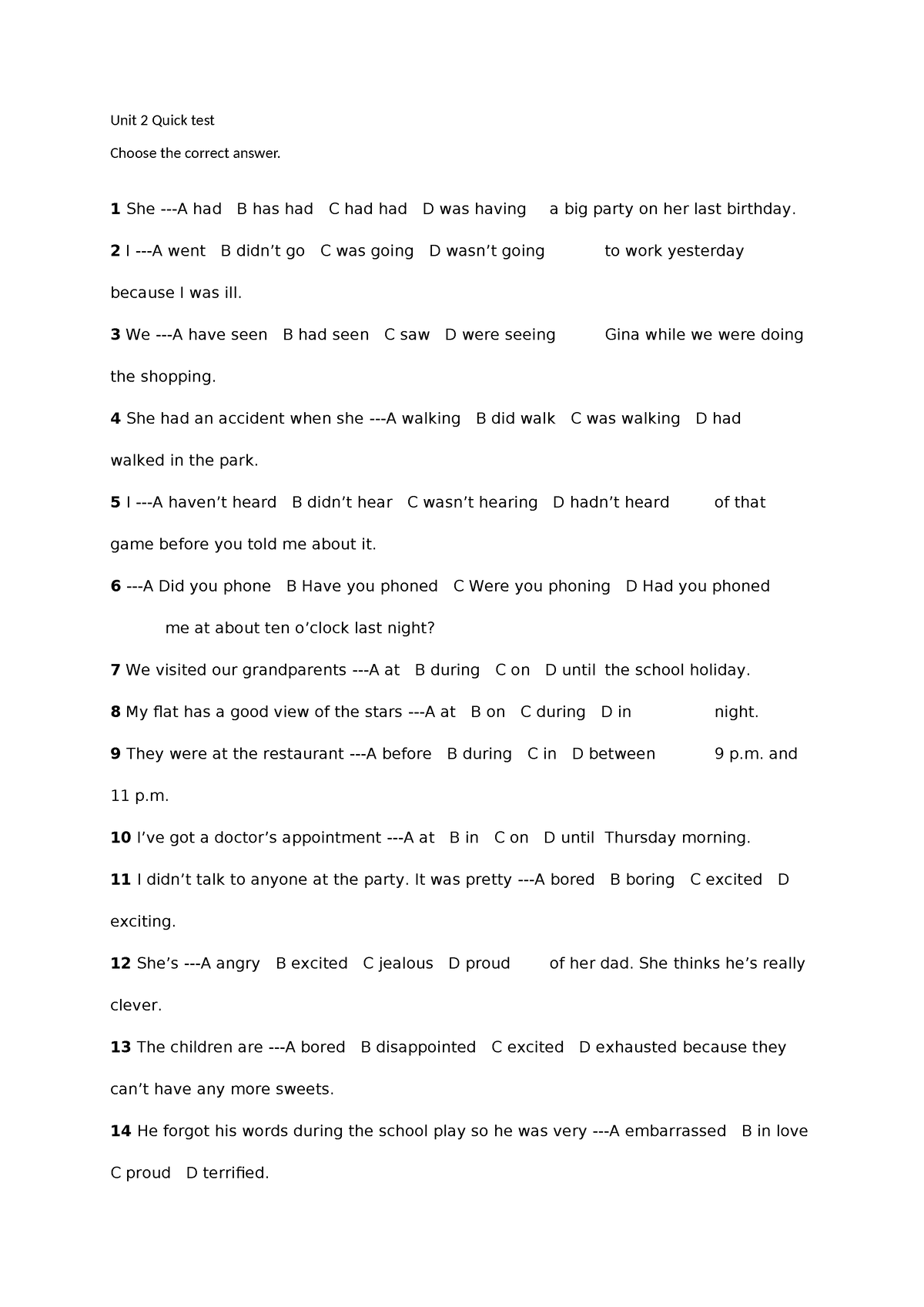 Quick Quiz Unit 2 - Poziom B1 - Unit 2 Quick Test Choose The Correct ...