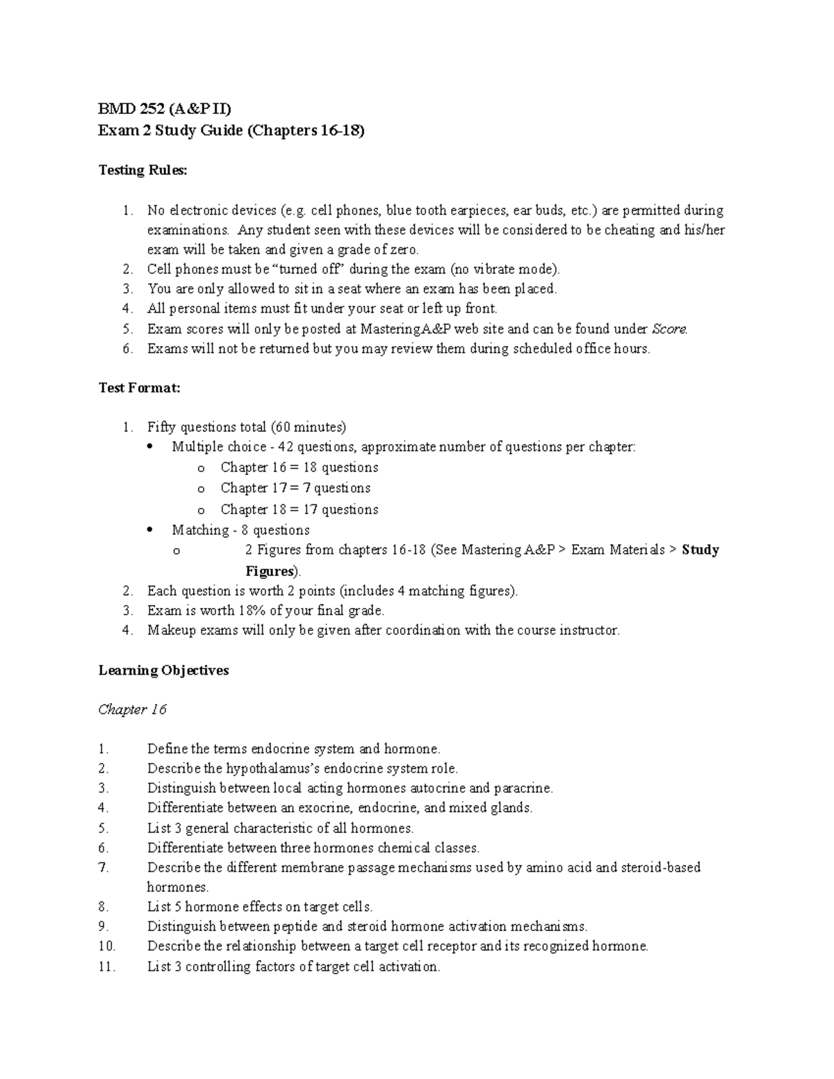 Study Guide - Exam 2 SP23 - BMD 252 (A&P II) Exam 2 Study Guide ...