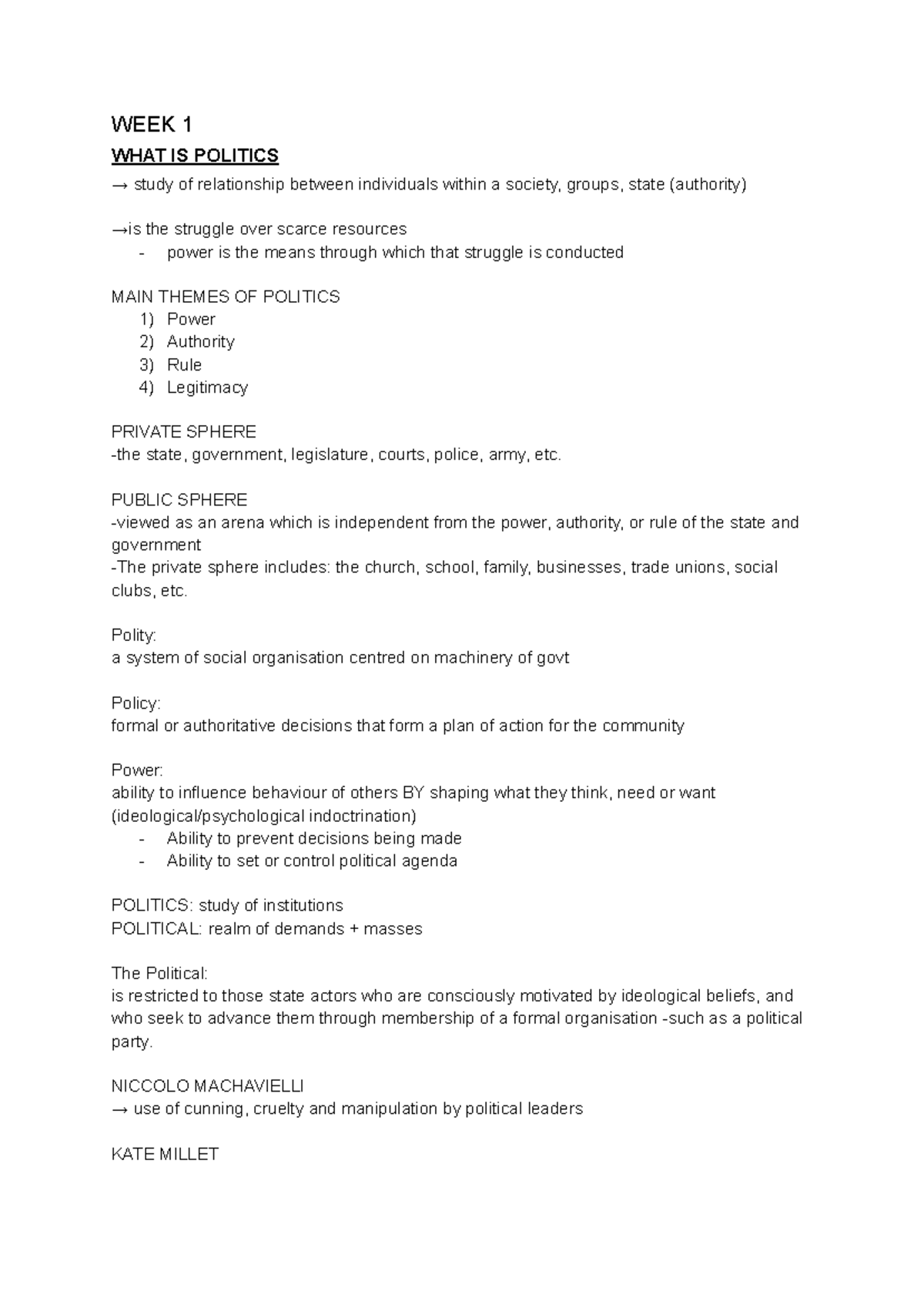 Politics WEEK 1 AND 2 - WEEK 1 WHAT IS POLITICS → study of relationship ...