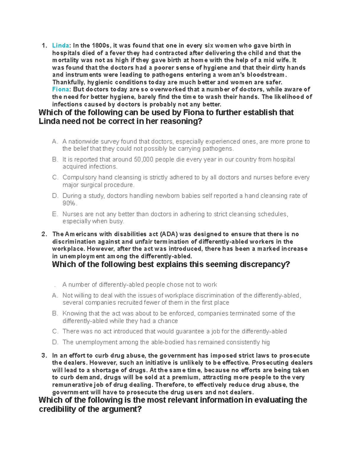 Verbal Practice Paper 1 - Linda: In the 1800s, it was found that one in ...