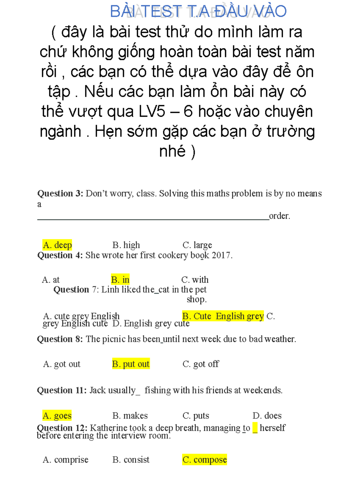 Đề mẫu - test english - BÀI TEST T ĐẦU VÀO ( đây là bài test thử do ...