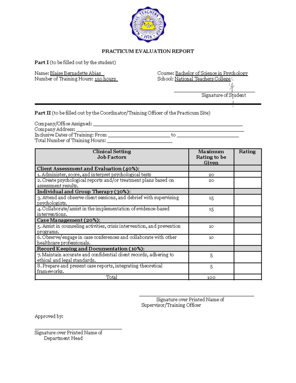 Abias-Post-Internship- Clinical - PRACTICUM EVALUATION REPORT Part I ...