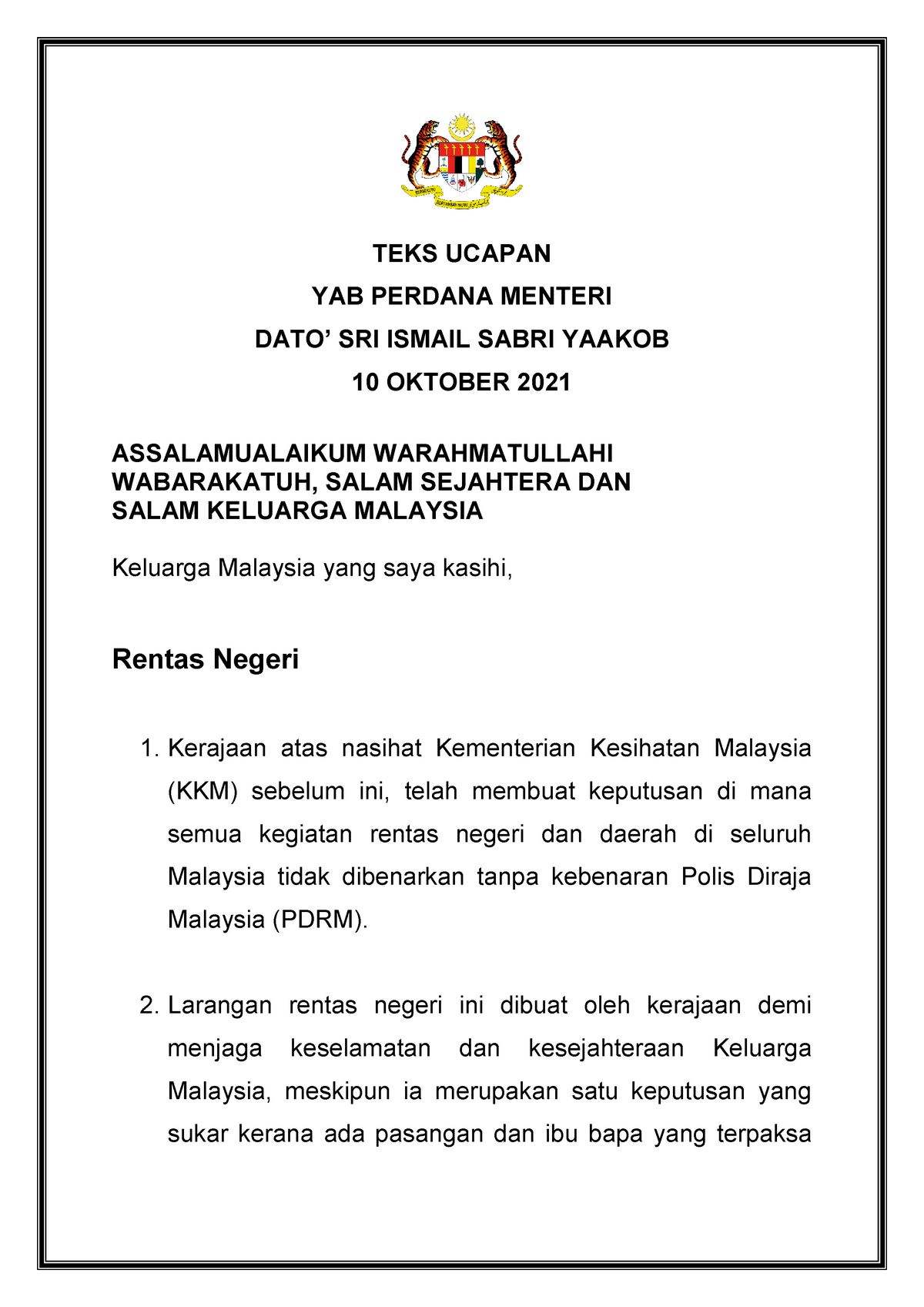 (10 Oktober 2021) Final - TEKS Ucapan YAB Perdana Menteri - Kebenaran ...