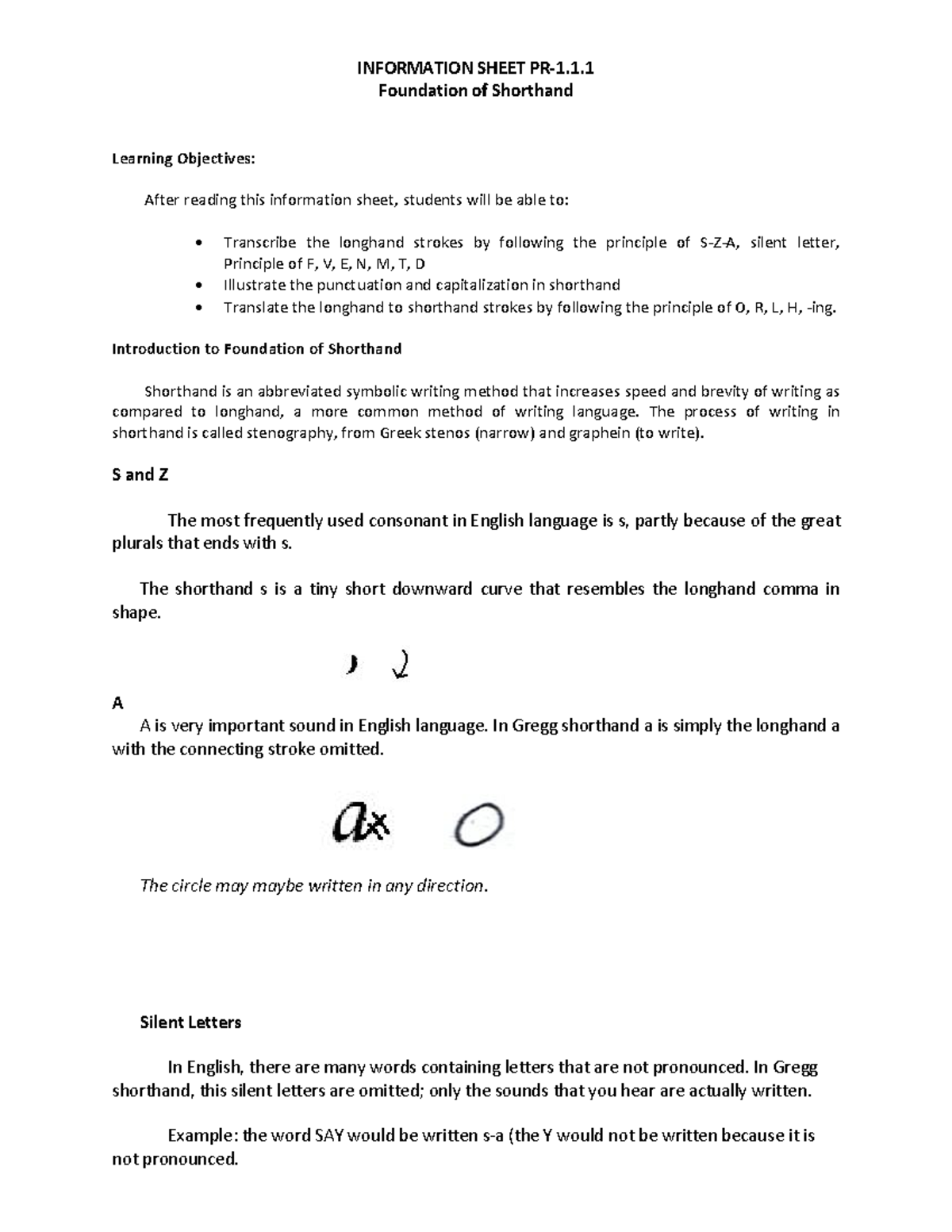FoundationOF Shorthand INFORMATION SHEET PR1. Foundation of