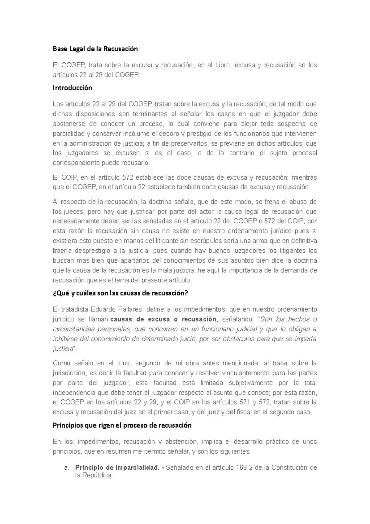 Excusa Y Recusación - Base Legal De La Recusación El COGEP, Trata Sobre ...