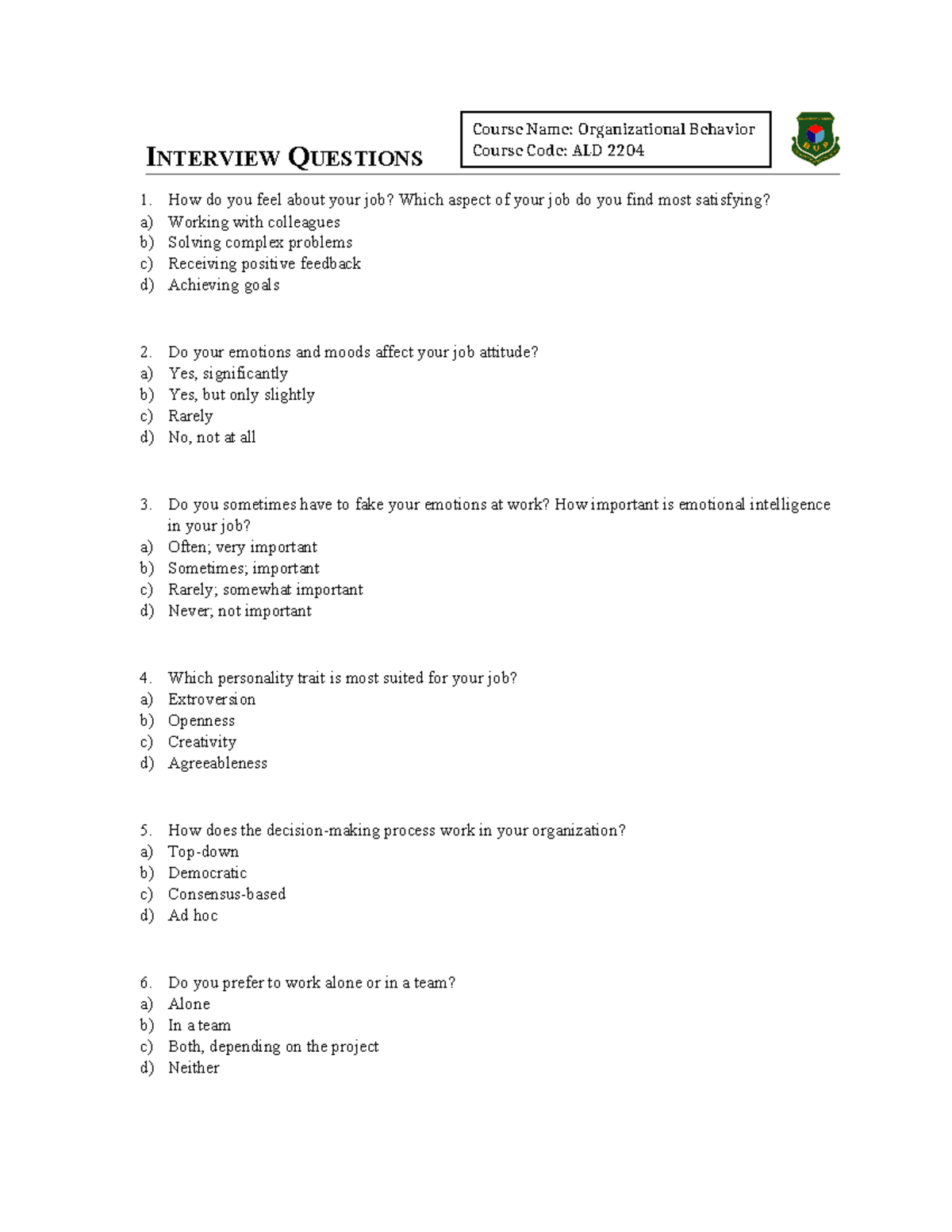 Questionnaire on Organisational Behaviour MCQ - INTERVIEW QUESTIONS 1 ...
