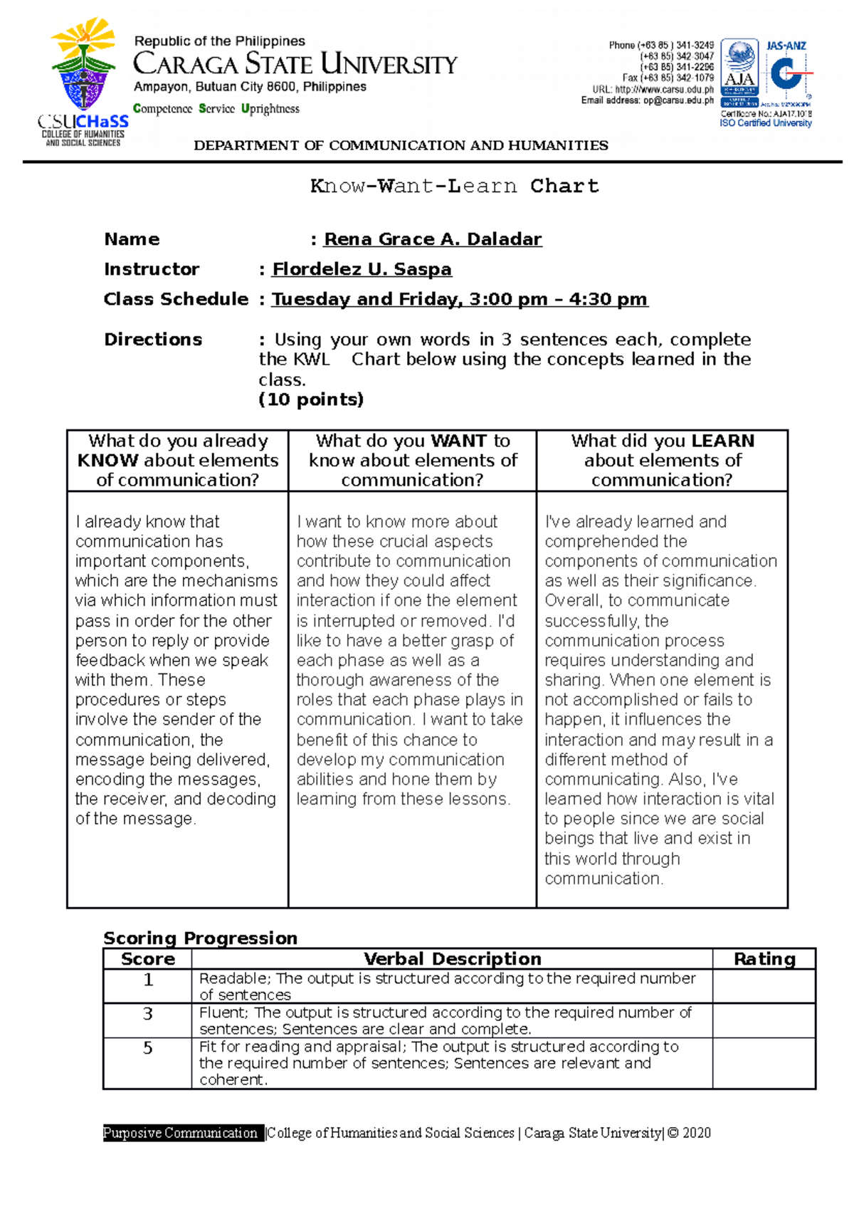 Know-Want-Learn - not an answer sheet - DEPARTMENT OF COMMUNICATION AND ...