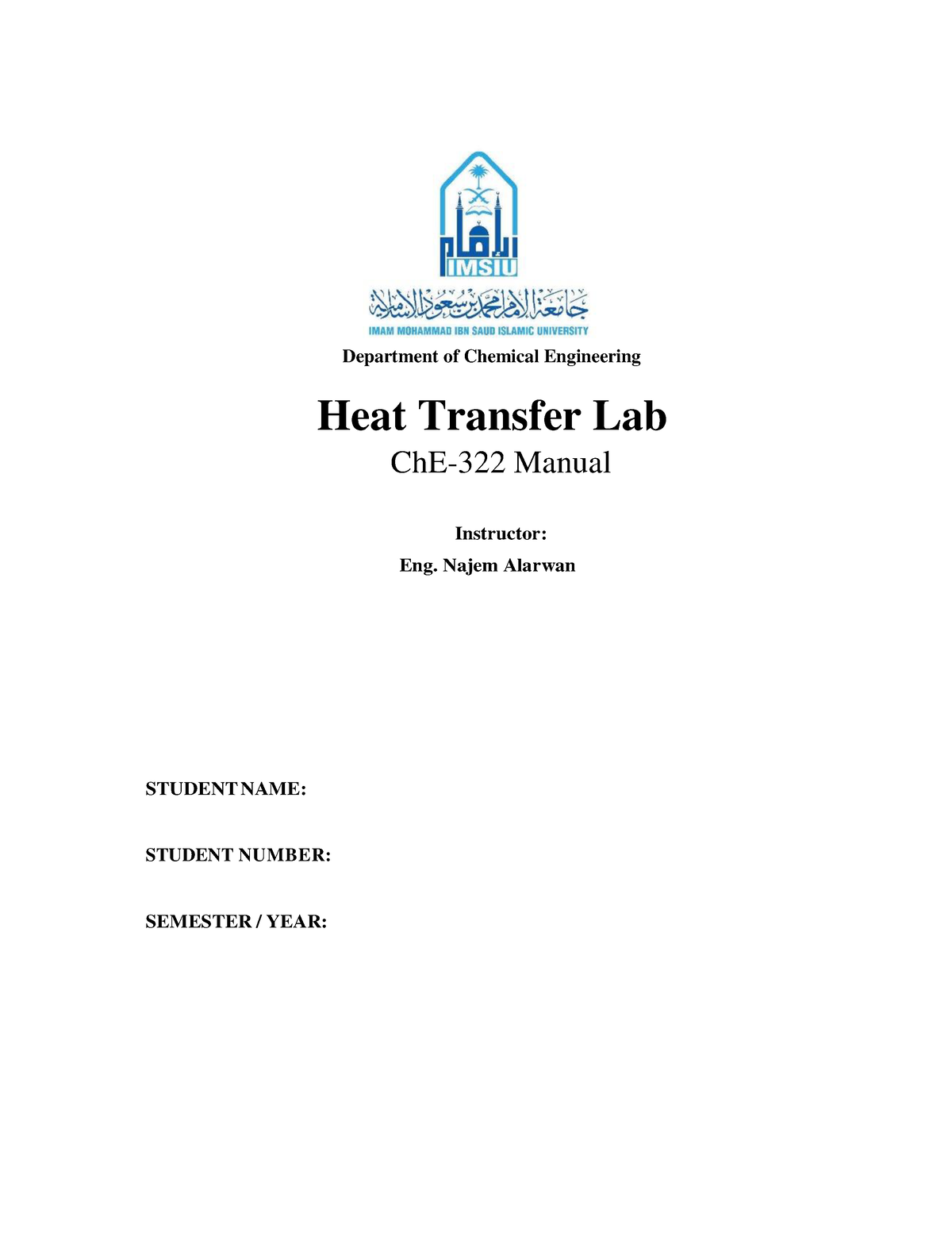 Heat Transfer Lab Manual - Heat Transfer Lab ChE-322 Manual Instructor ...