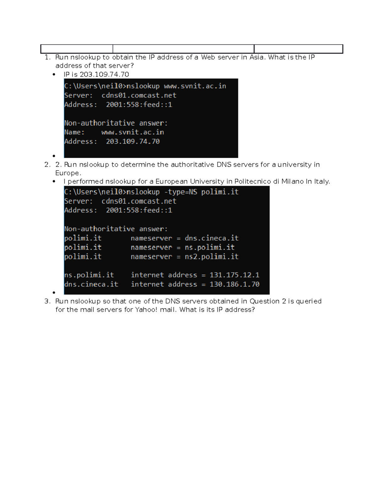 ECE 333 LAB3 000000 1. Run nslookup to obtain the IP address of a