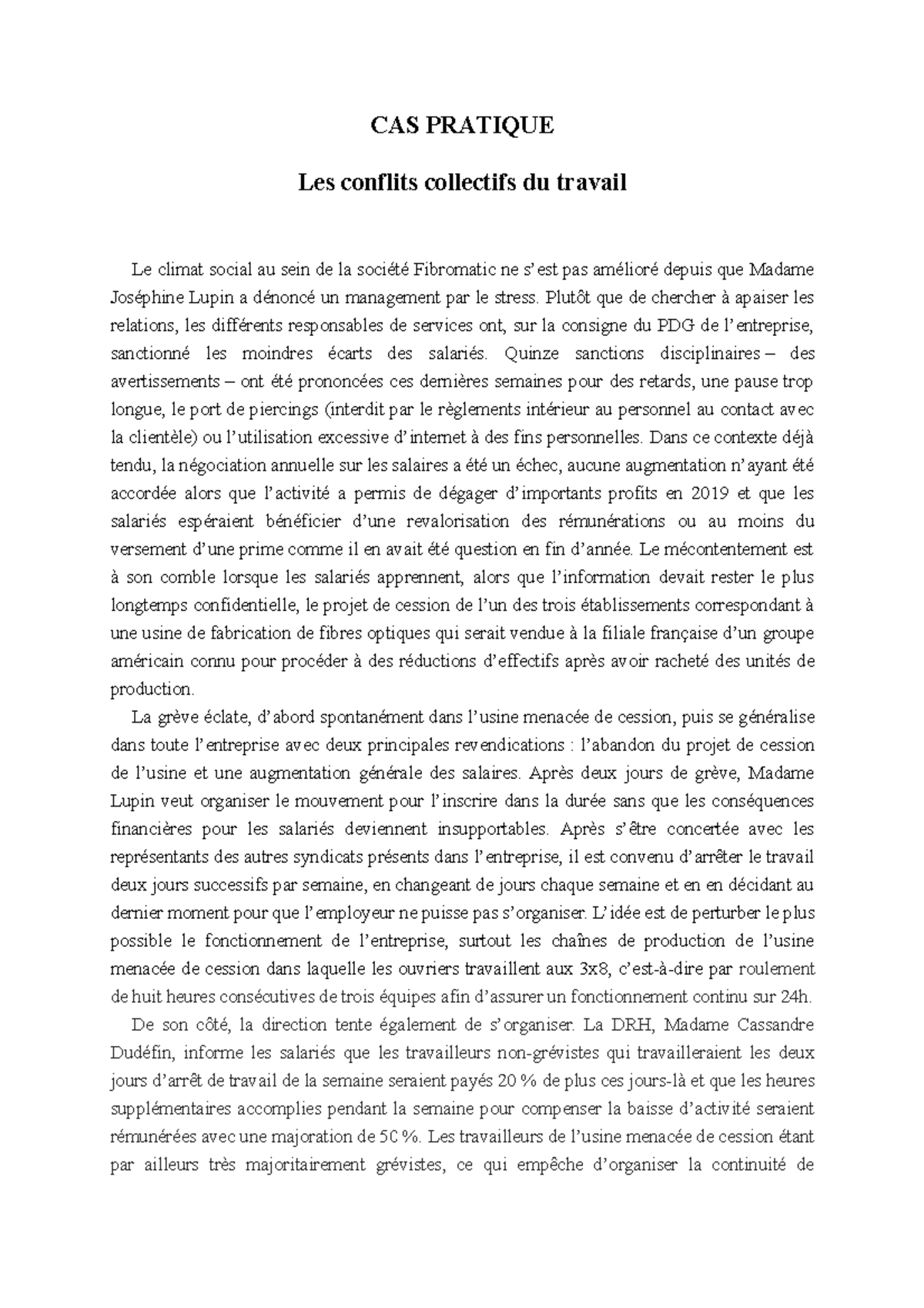 Cas pratique 3 (séance 12 - conflits collectifs) - CAS PRATIQUE Les ...