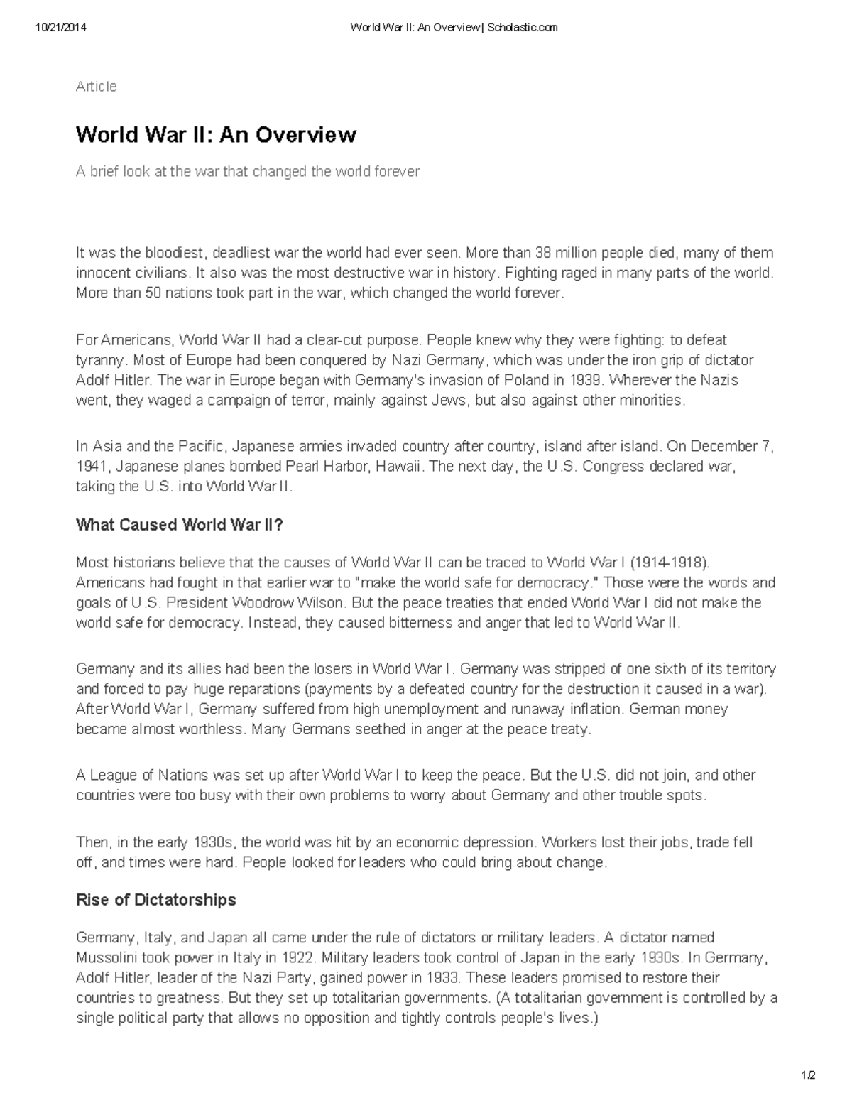 Summary ww2 scholastic 10/21/2014 World War II An Overview