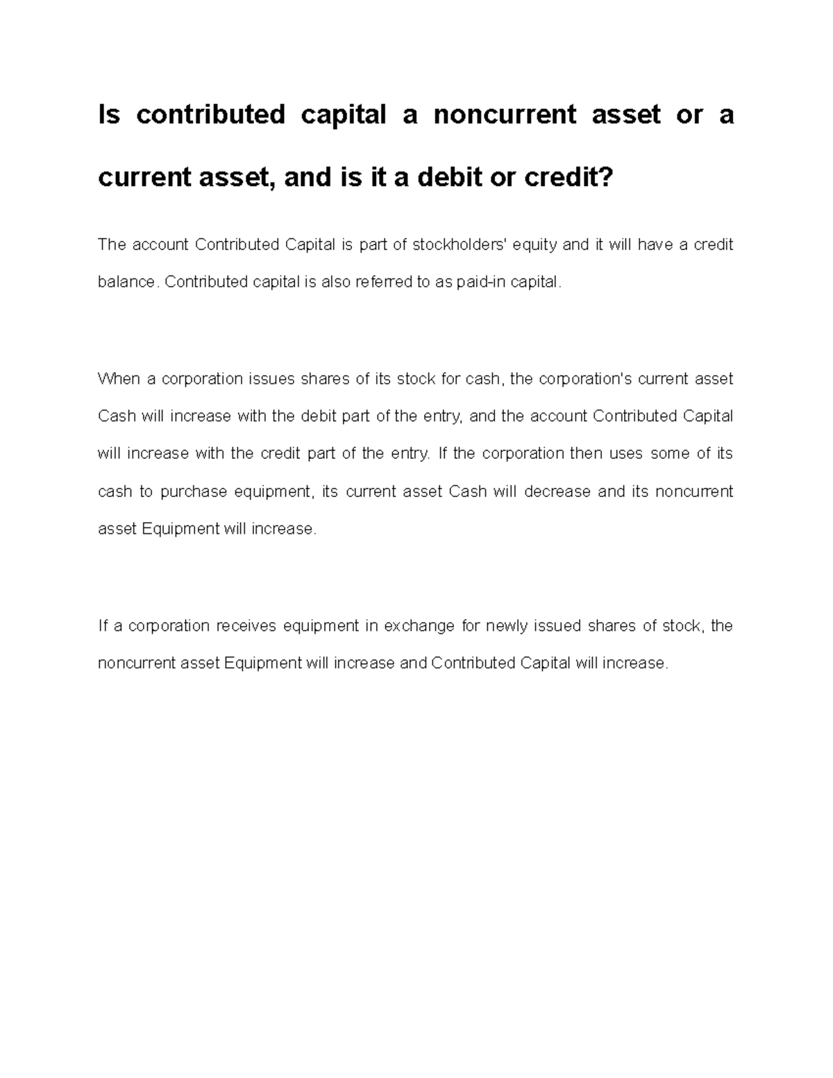 Is contributed capital a noncurrent asset or a current asset