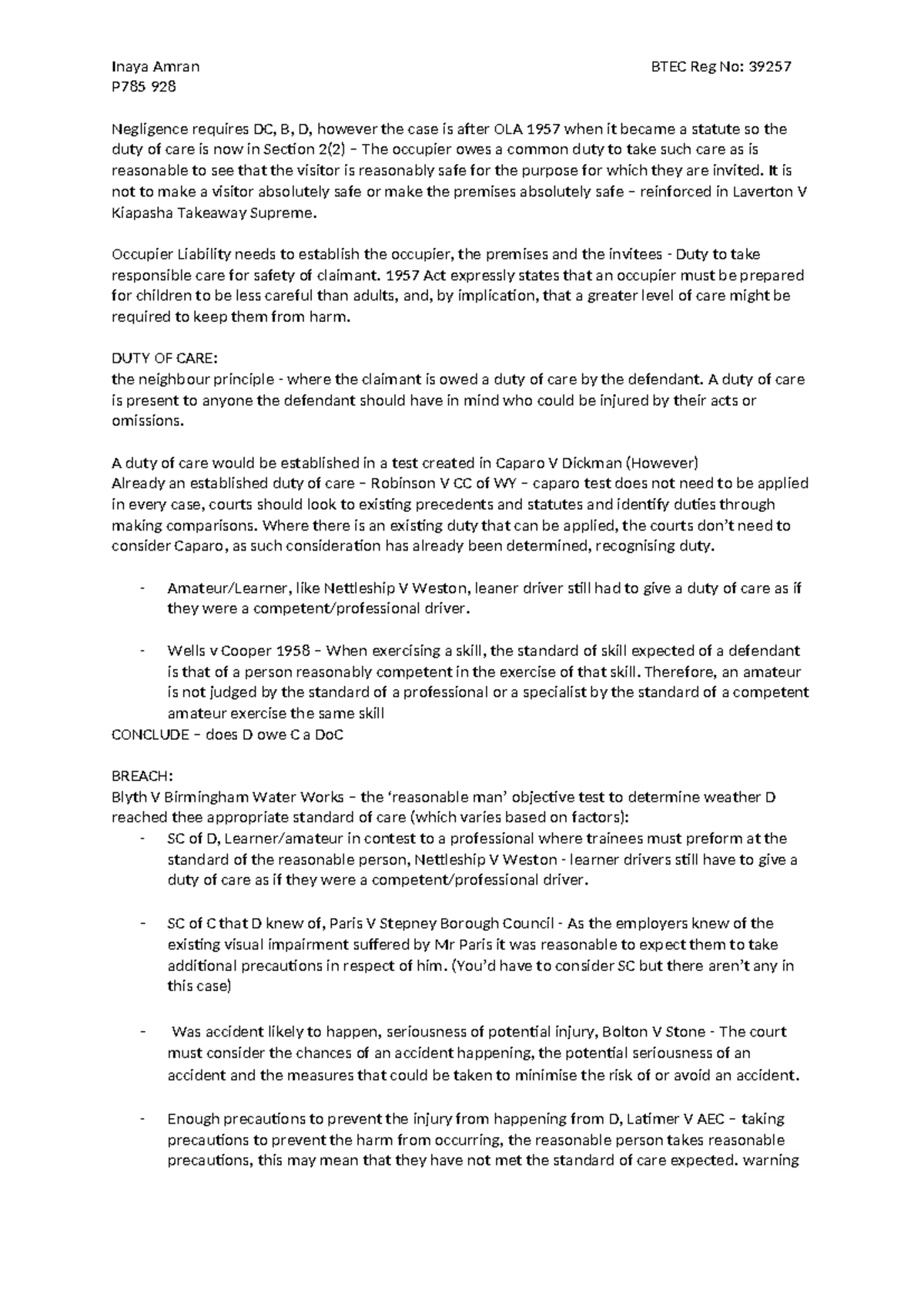 Law Notes for unit 1 - civil law - Inaya Amran BTEC Reg No: 39257 P785 ...