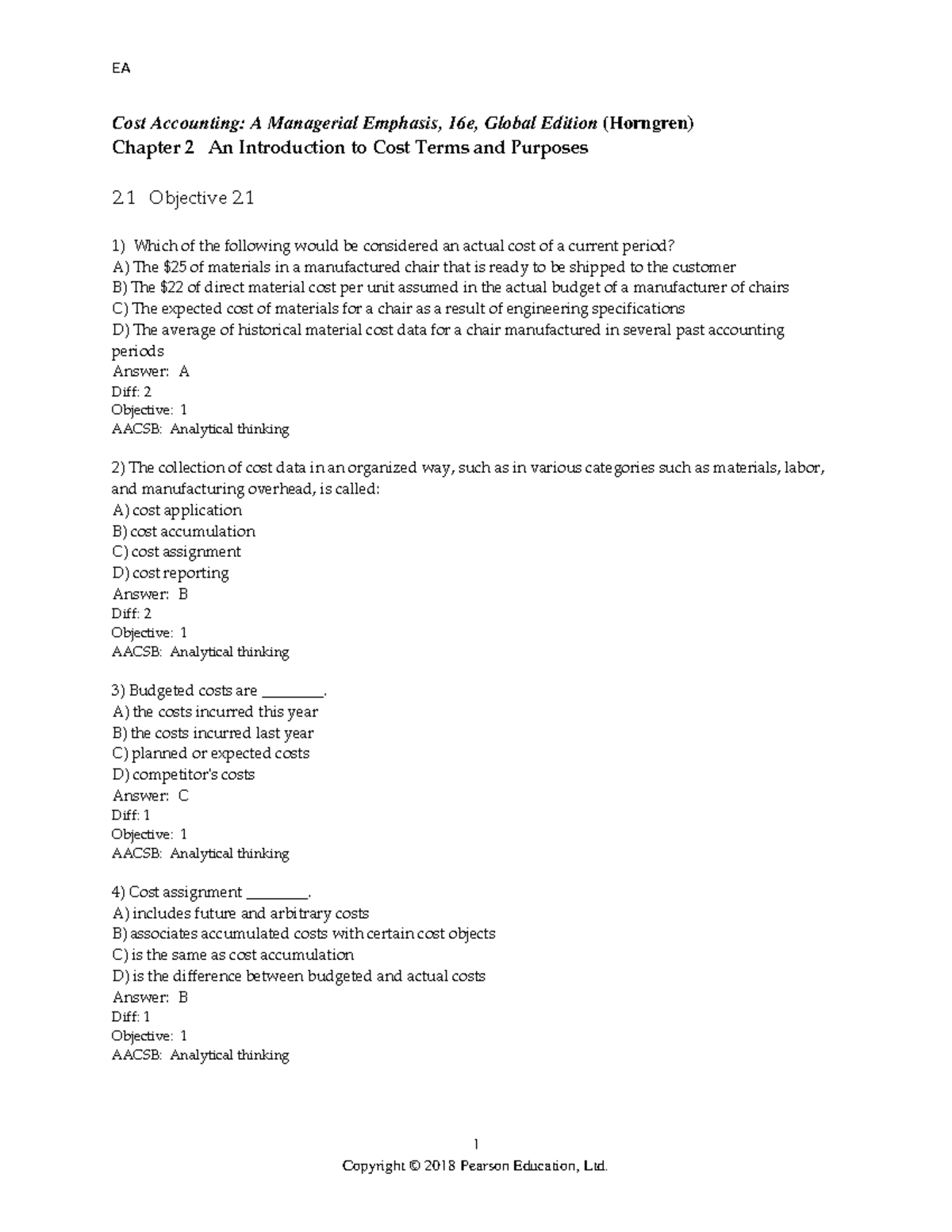 Test bank chapter 2 an introduction to cost terms and purposes - EA ...