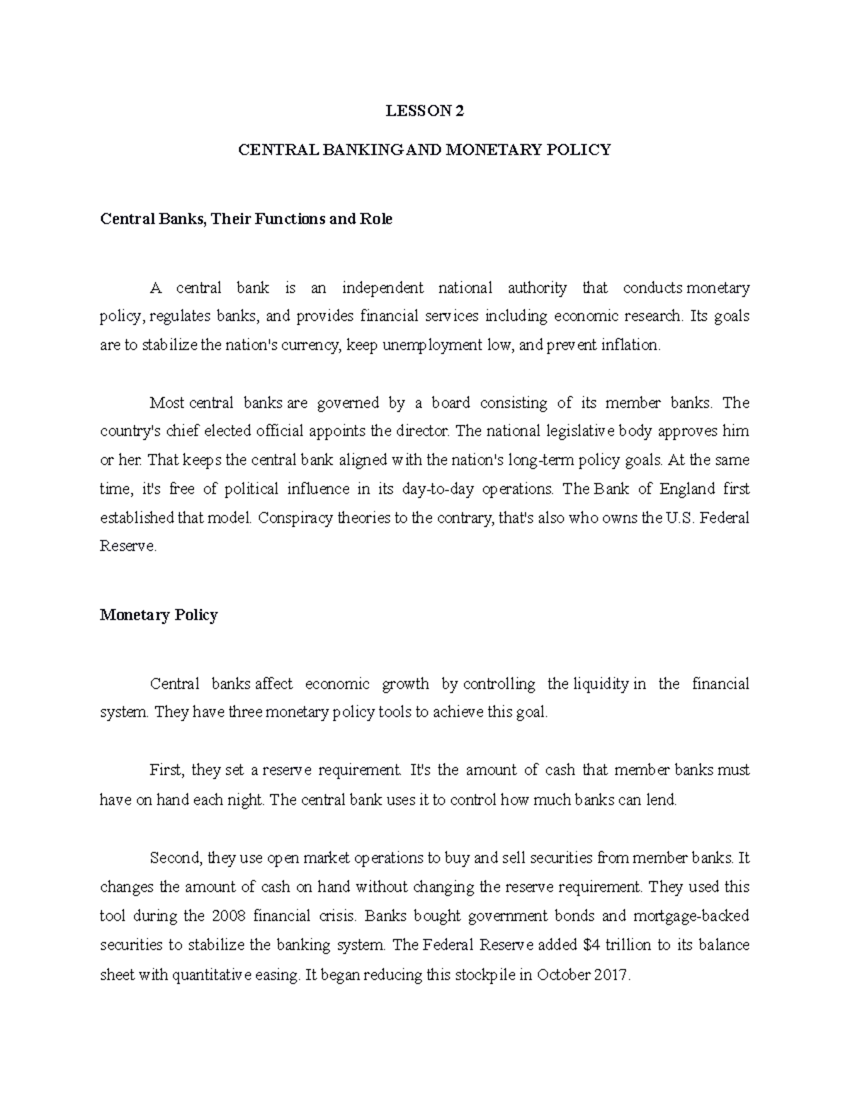 Lesson 2A - Central Banking and Monetary Policy - Accountancy - Studocu