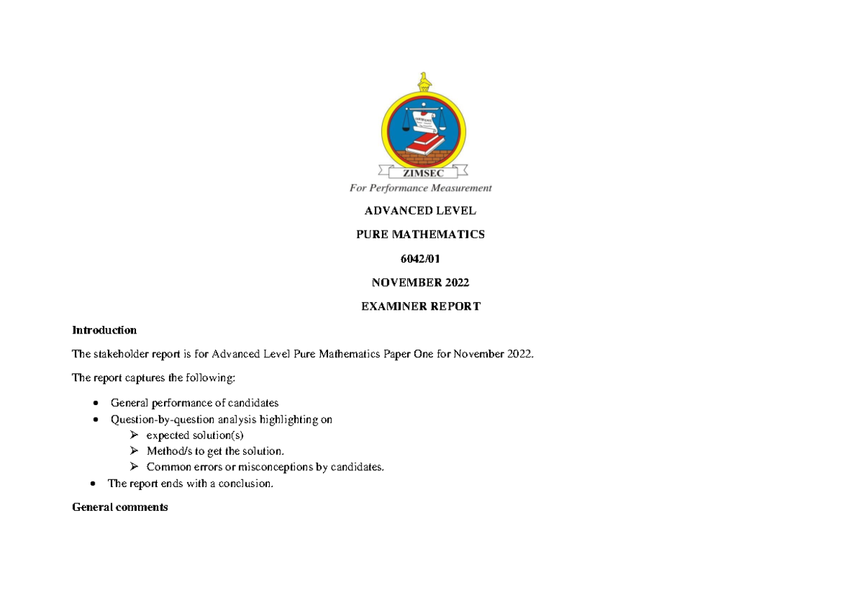 Advanced Level PURE Mathematics 604201 November 2022 Examiner Report ...