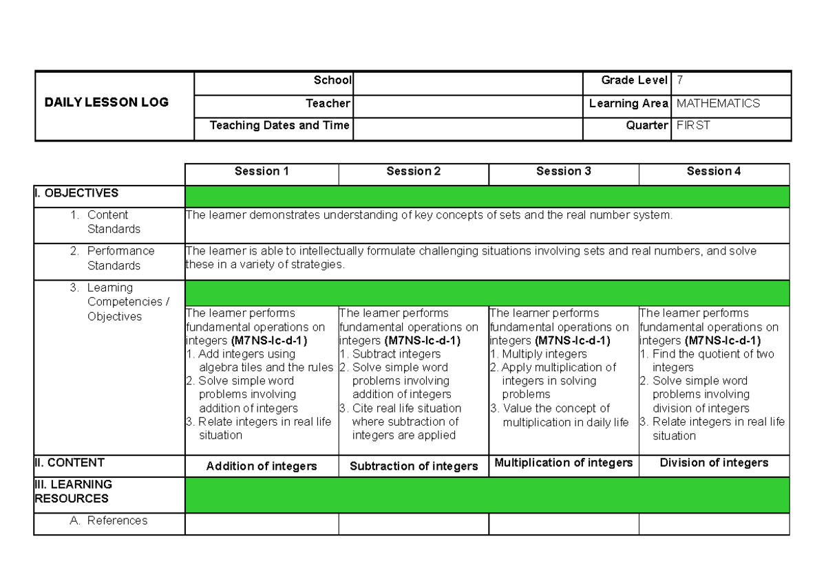 WEEK 4 - Daily Lesson Logs Grade 7 Math - DAILY LESSON LOG School Grade ...