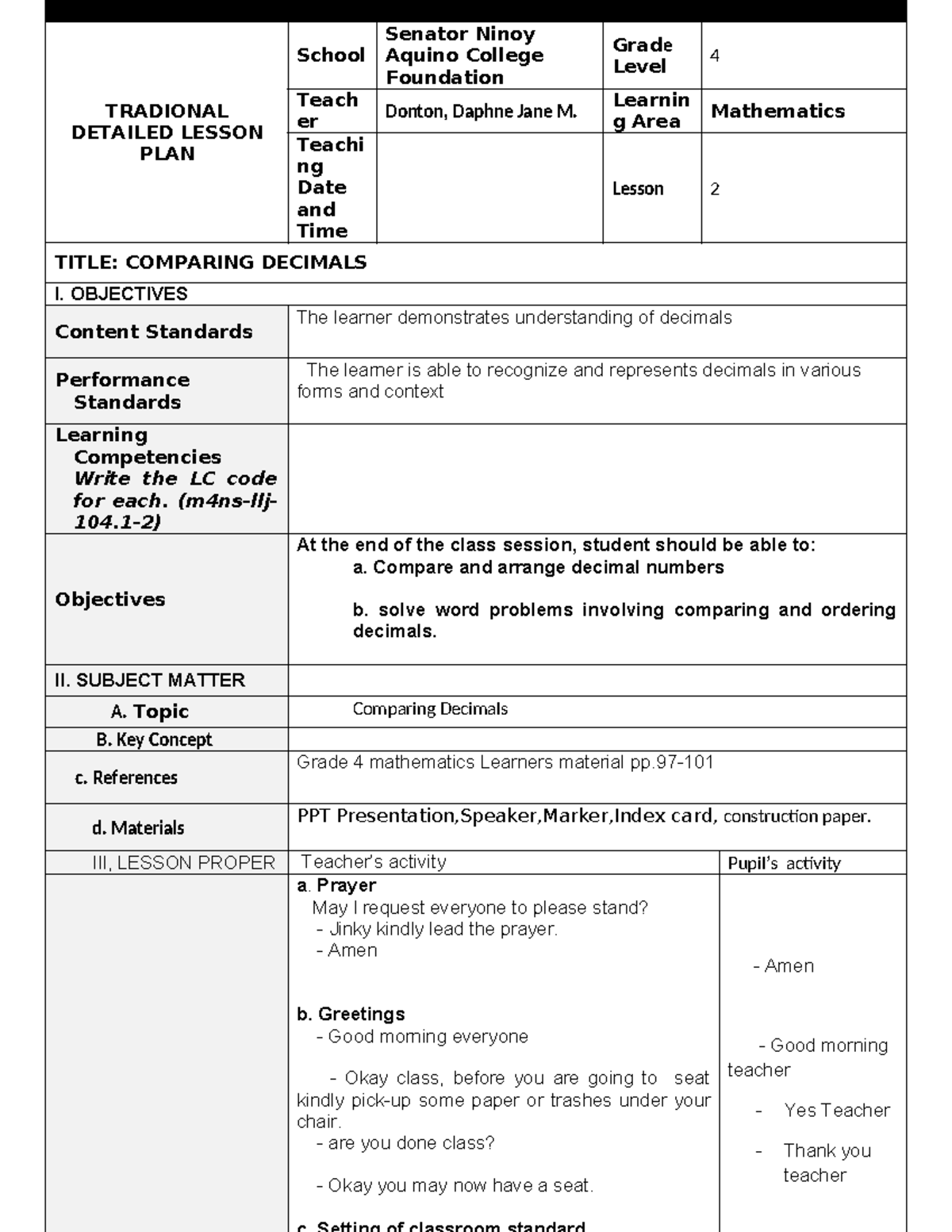 Traditional lesson plan - TRADIONAL DETAILED LESSON PLAN School Senator ...