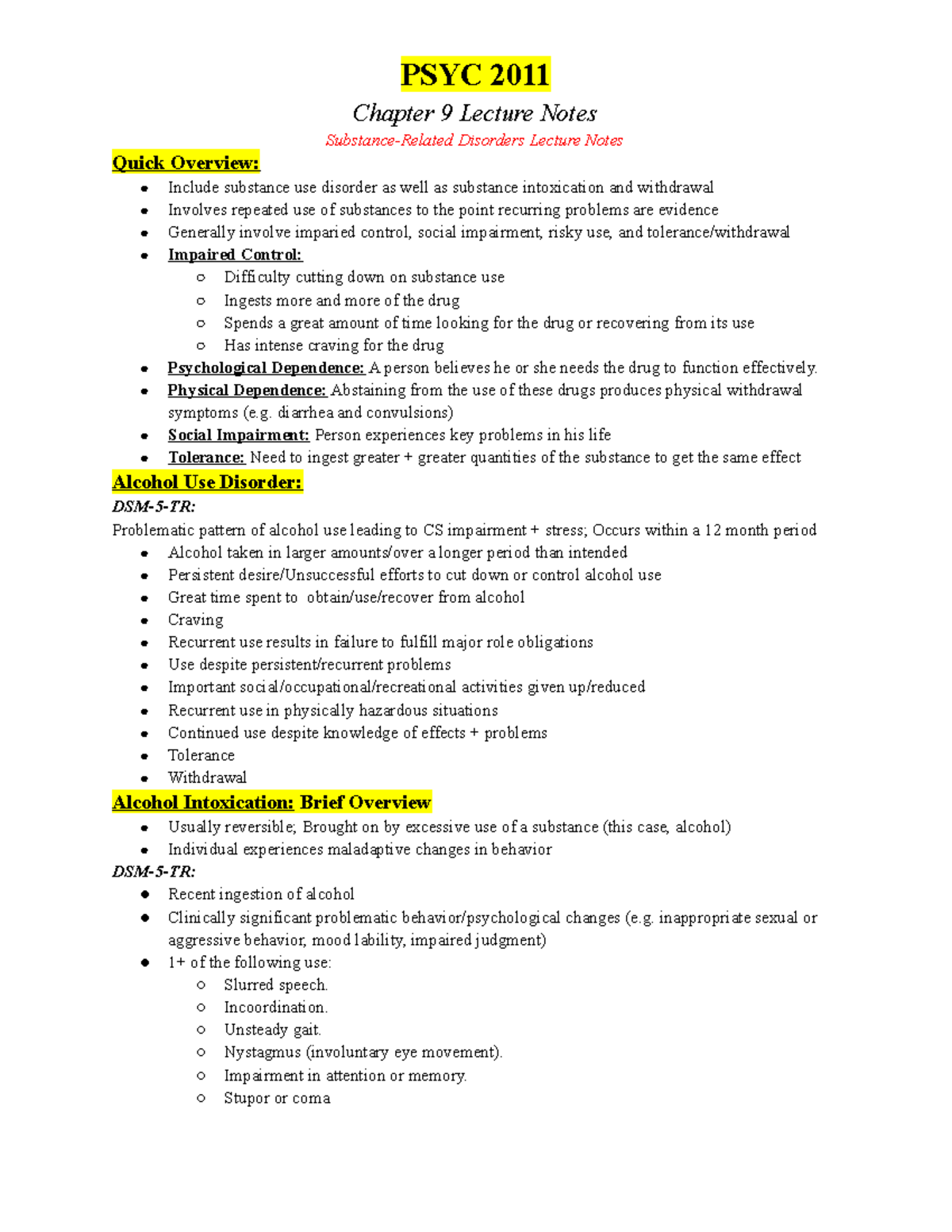 Psyc 2011 Substance Related Disorders Lecture Notes Chapter 9 Lecture Notes Substance Related Psyc 2011 Substance Related Disorders Lecture Notes Chapter 9 Lecture Notes Substance Related
