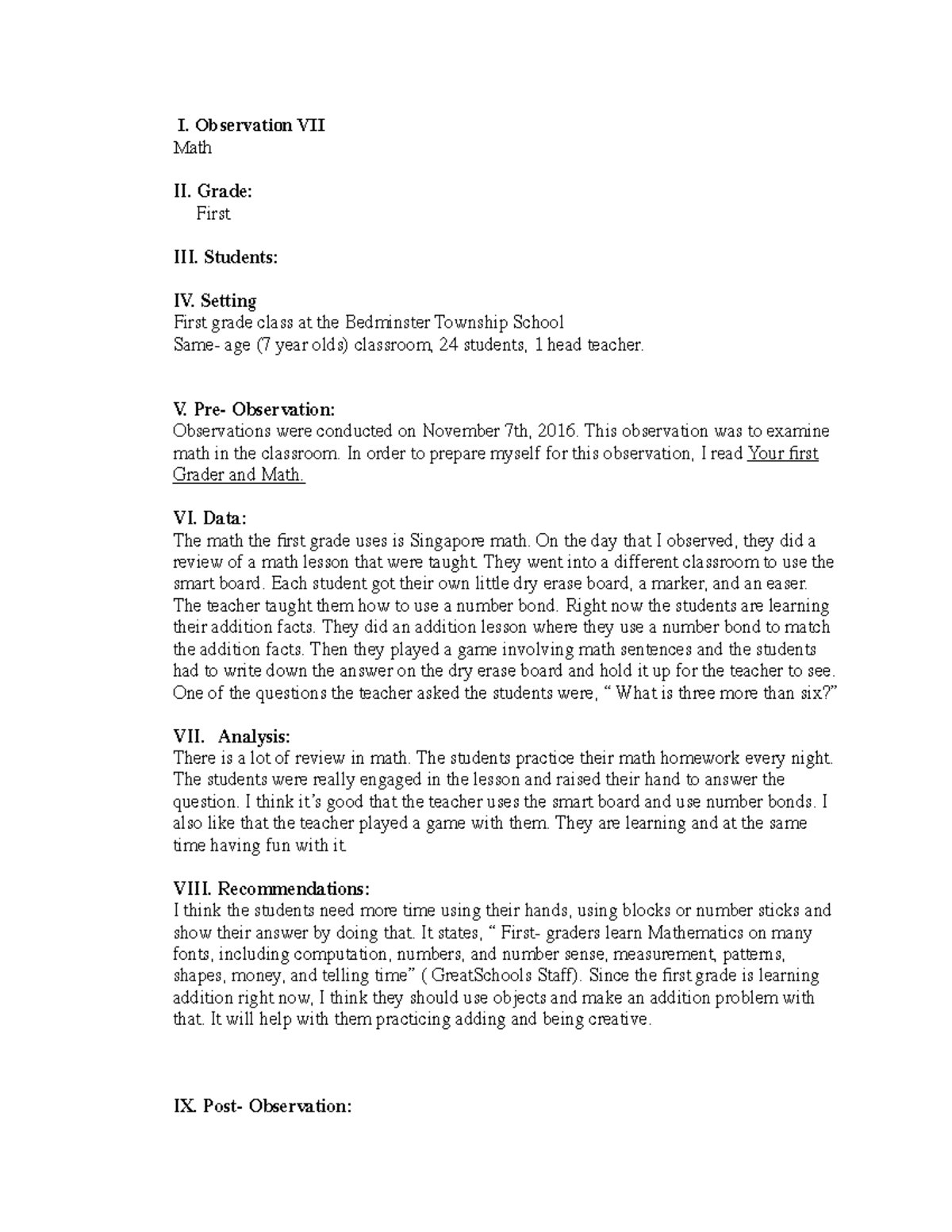 332375347-obserfvation-math - I. Observation VII Math II. Grade: First ...