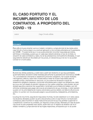 El Caso Fortuito Y El Incumplimiento De Los Contratos El Caso Fortuito El Incumplimiento De Los Contratos Prop Sito Del Covid 19 Autor Jorge Oviedo Alb Studocu