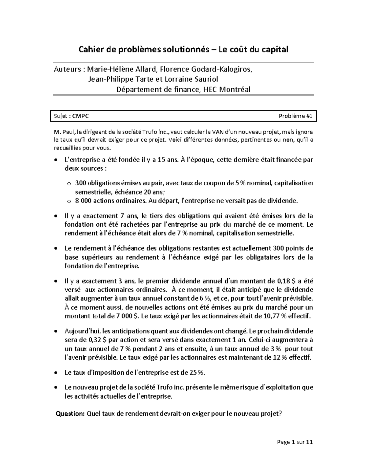 Exercices S10 S12 Le coût du capital avec calcul de VM CMPC Cahier de problèmes