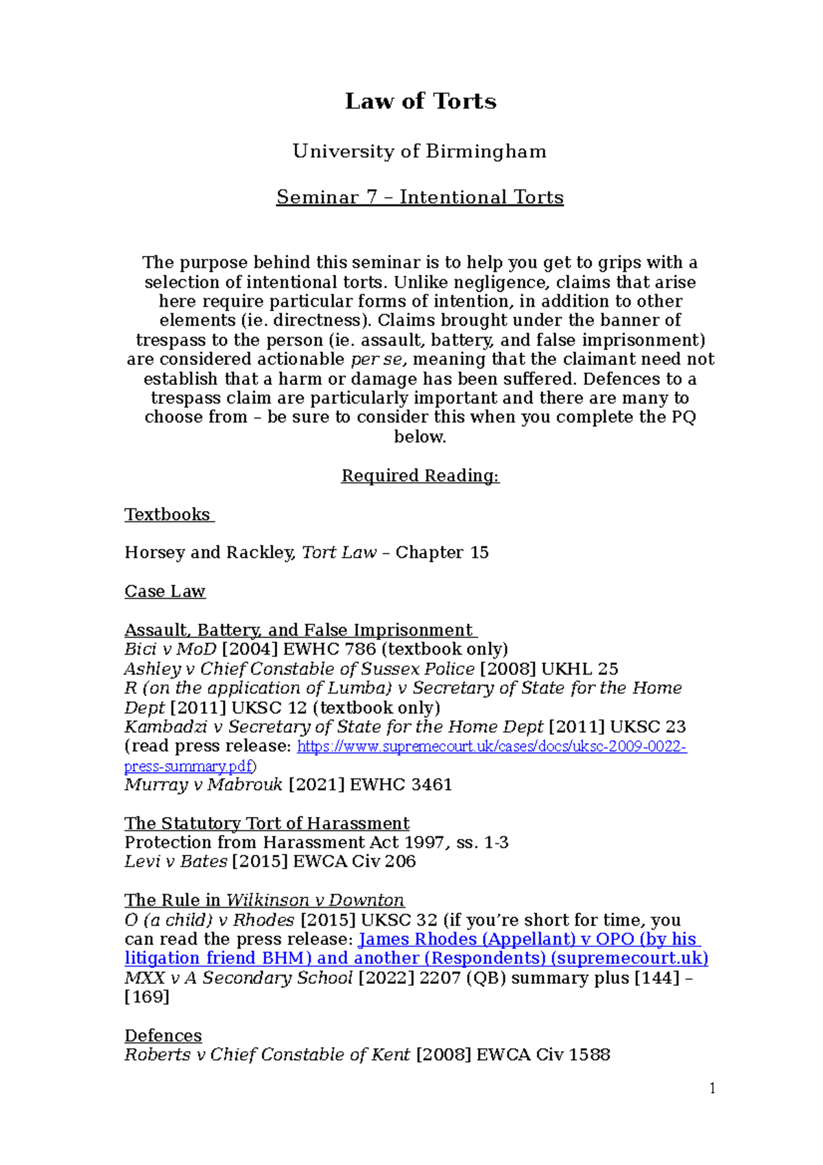 Law of Torts University of Birmingham Seminar 7 Intentional Torts Studocu