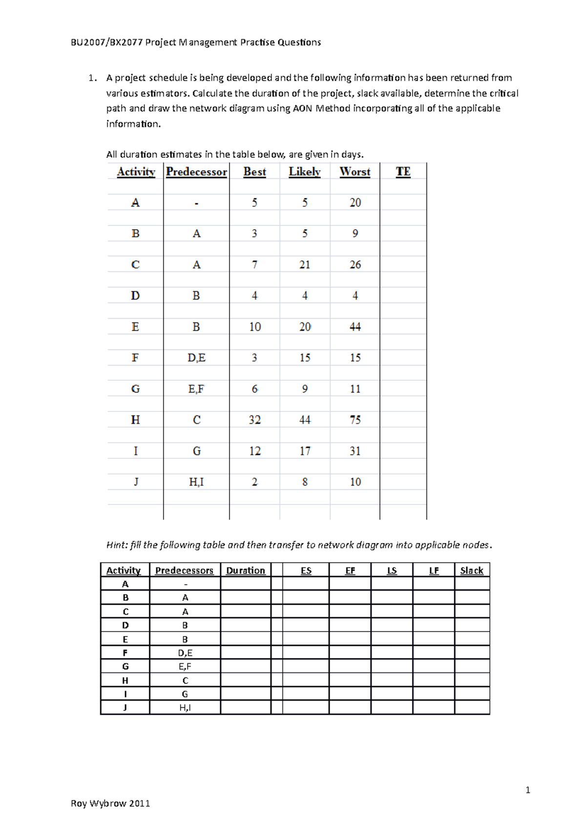 Sample/practice exam 2015, questions - A project schedule is being ...