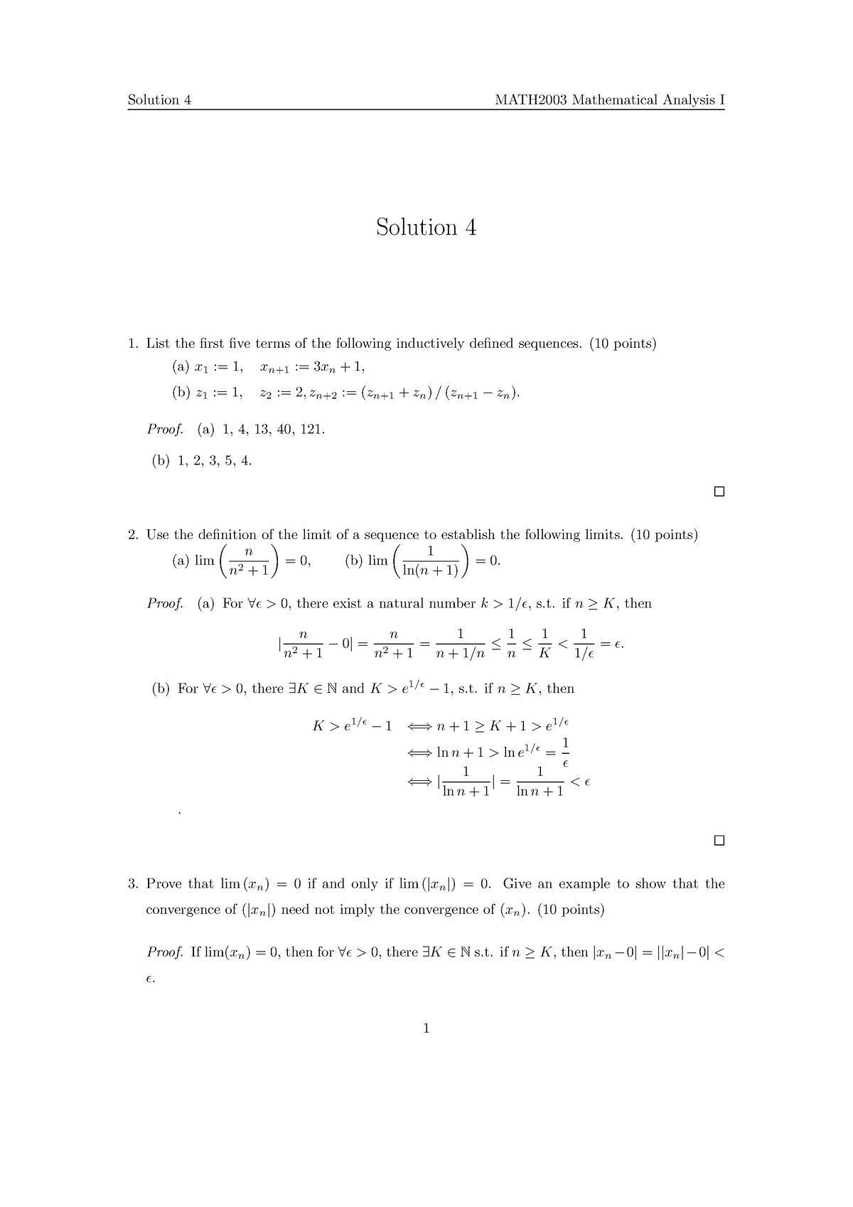 Asignment Solution S4 - Solution 4 MATH2003 Mathematical Analysis I ...