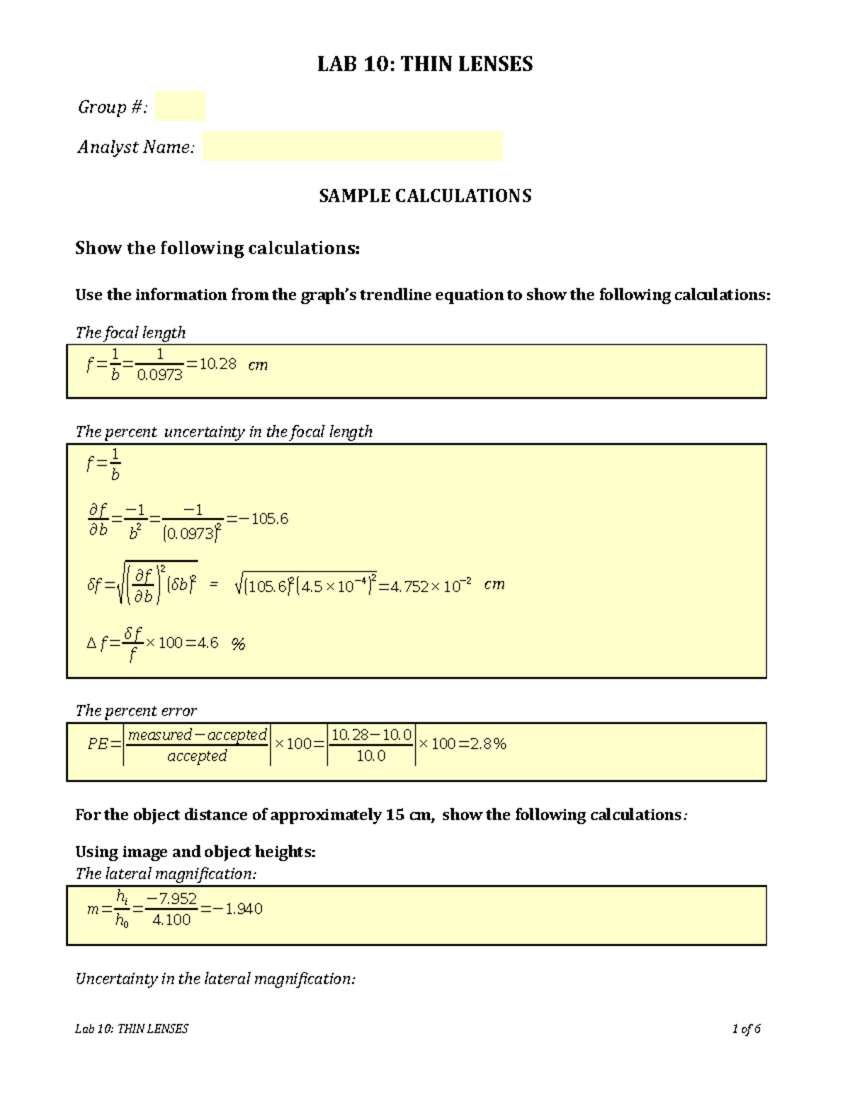 Lab 10 thin lenses LAB 10 THIN LENSES Group Analyst Name SAMPLE