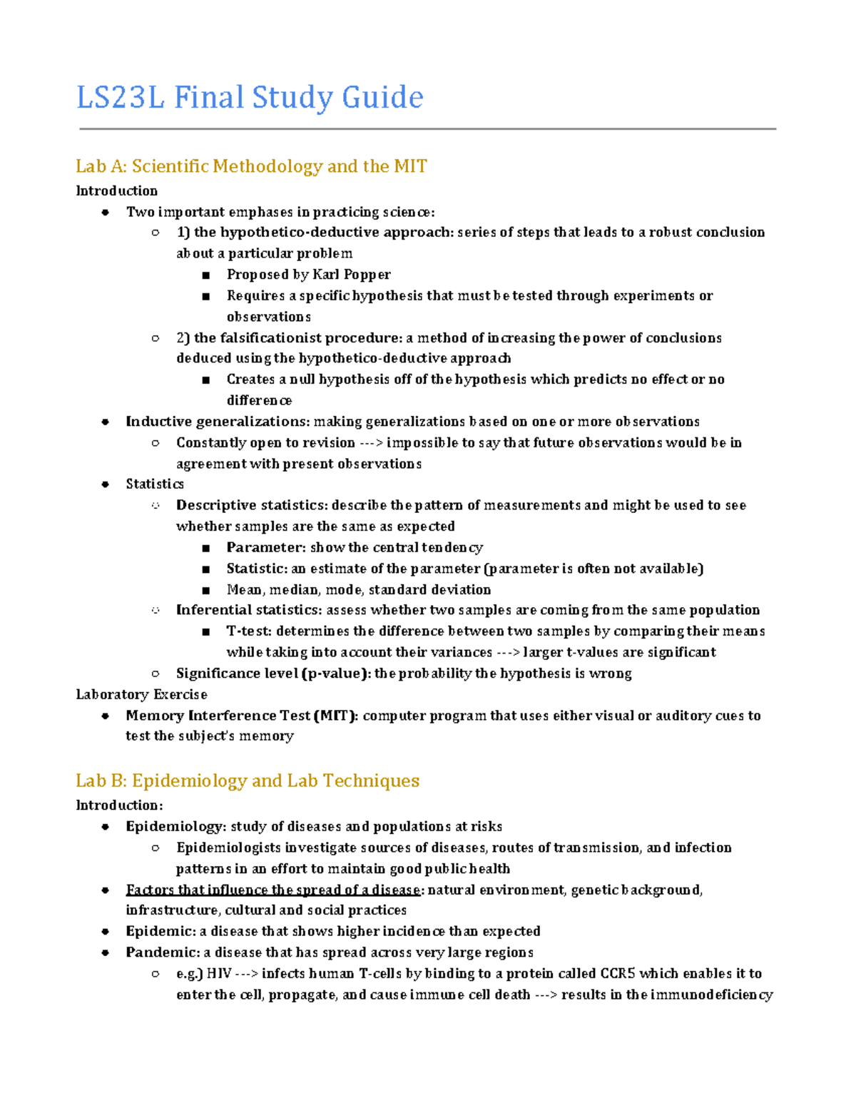 LS23L Final Study Guide LS23L Final Study Guide Lab A Scientific