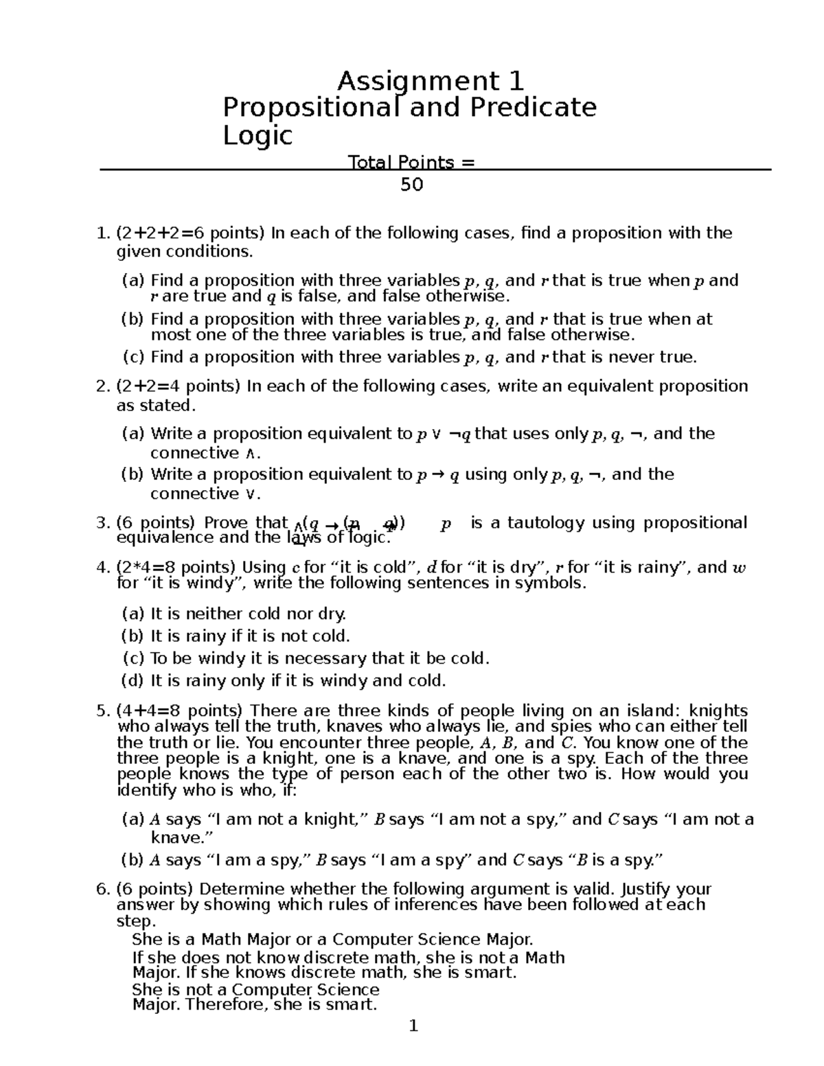 Assignment 1 1 Assignment 1 Propositional And Predicate Logic Total Points 50 2226 0137