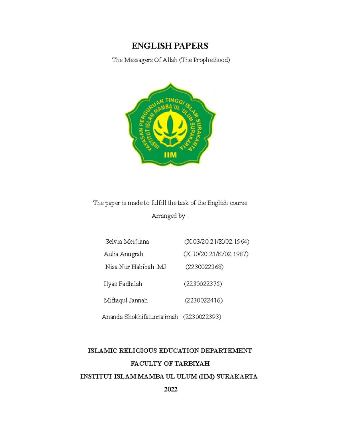 Makalah bhs inggris - ENGLISH PAPERS The Messagers Of Allah (The ...