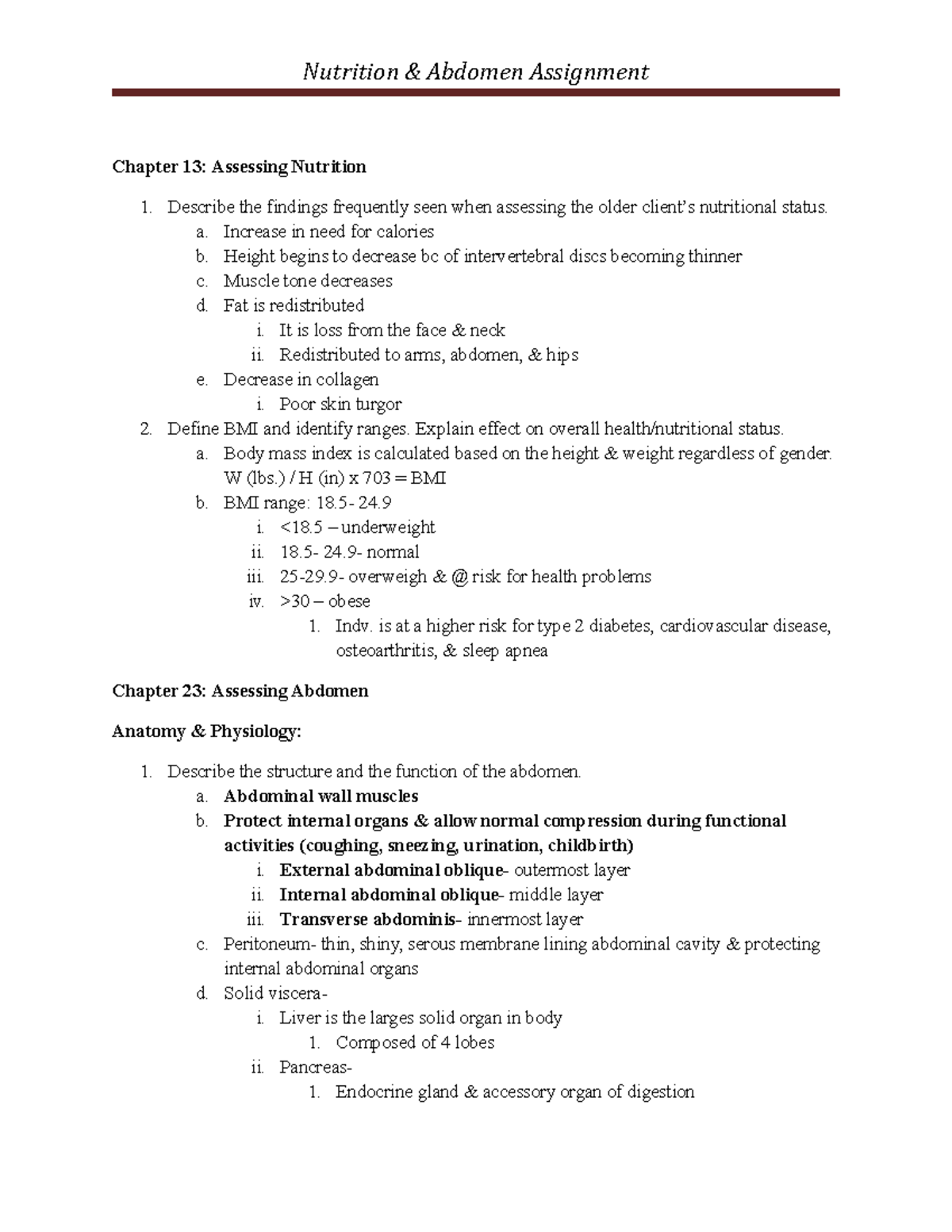 Abdomen Assignment completed Chapter 13 Assessing Nutrition
