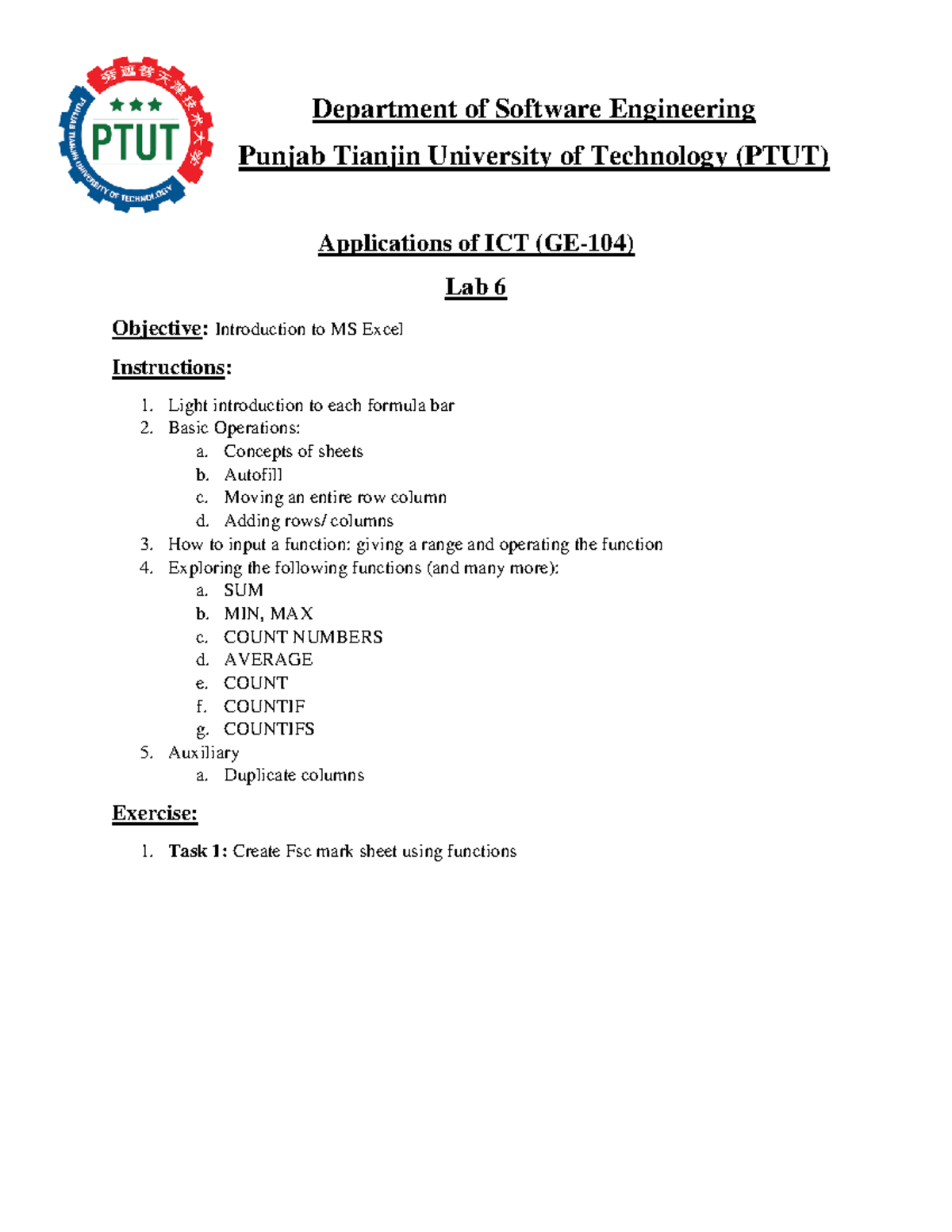Lab 6 - This document can be helpful in performing MS Excel labs ...